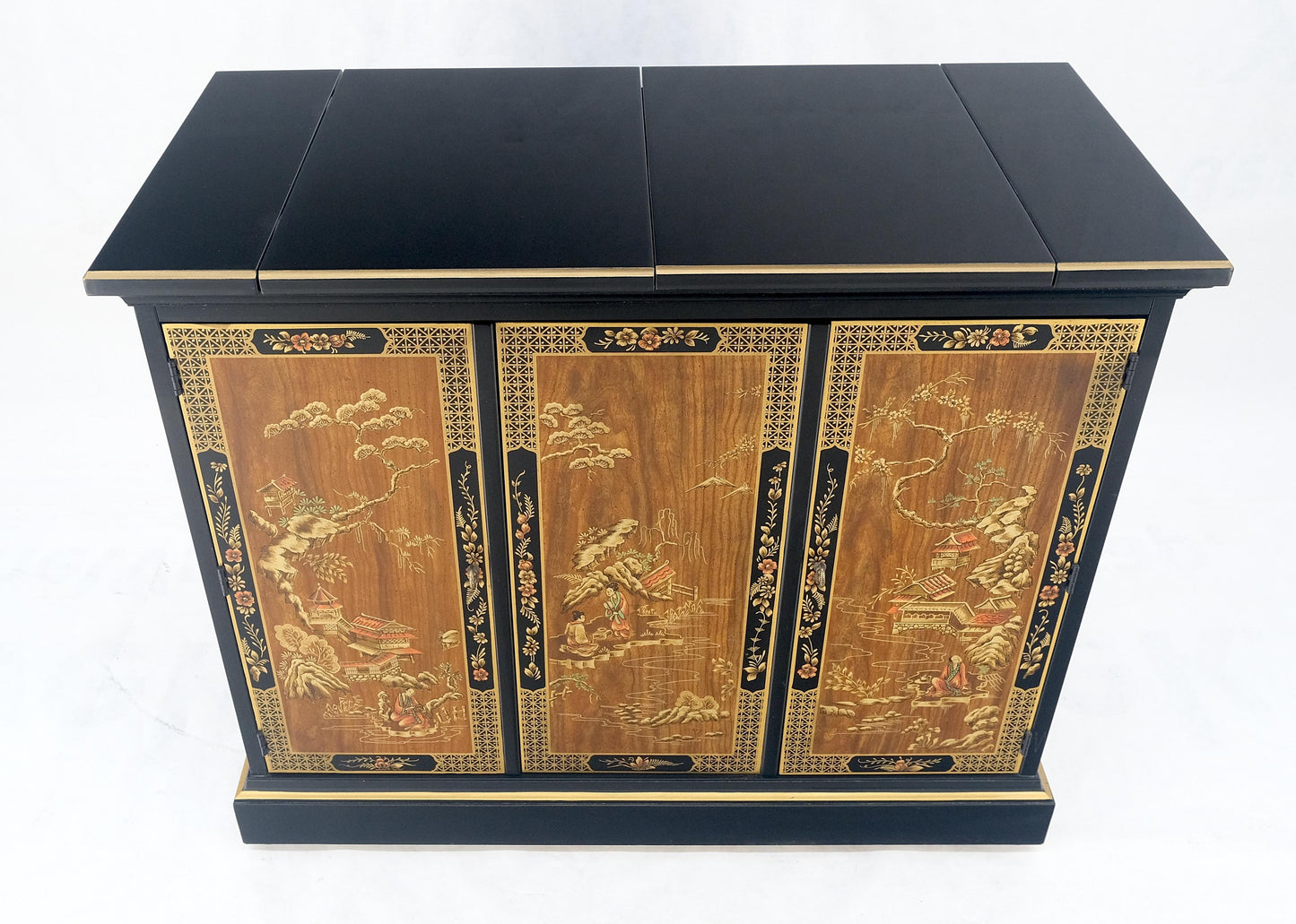EstablishedLines Drexel Flip Top Serving Sideboard Bar on Wheels Chinoiserie Style Black Lacquer