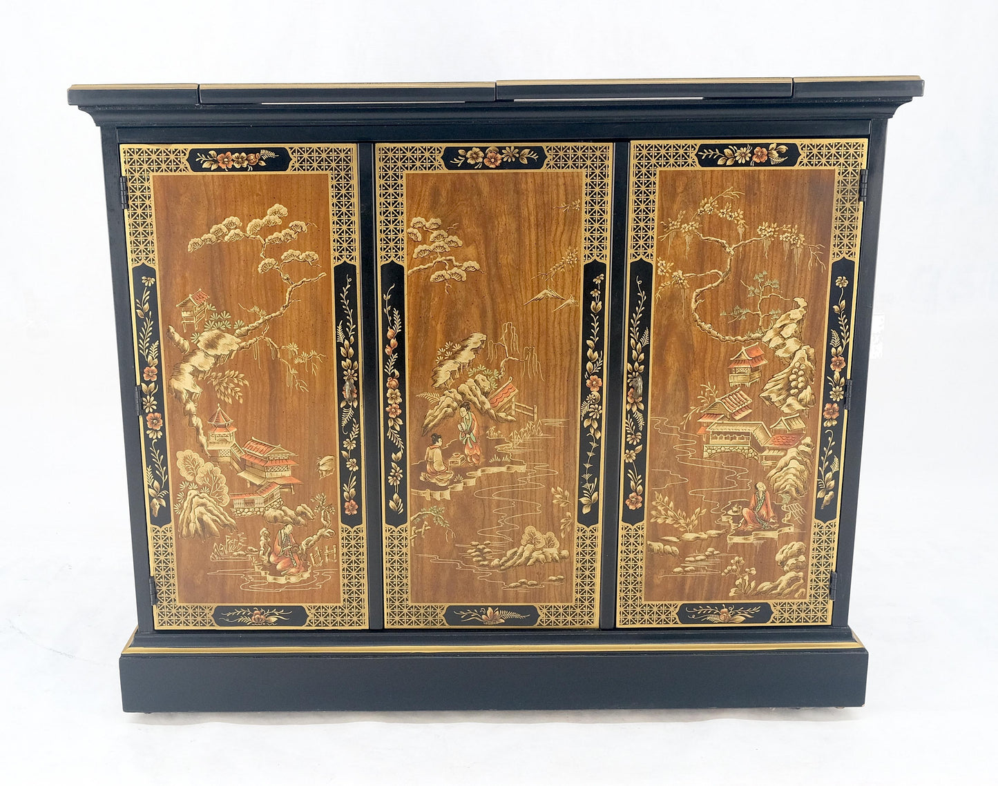 EstablishedLines Drexel Flip Top Serving Sideboard Bar on Wheels Chinoiserie Style Black Lacquer