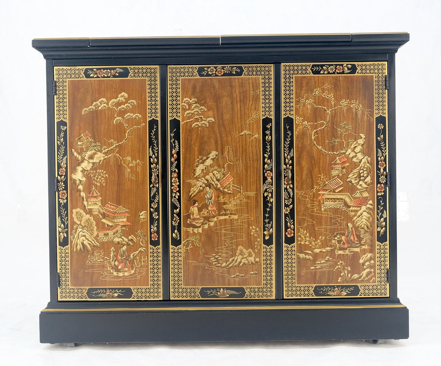 EstablishedLines Drexel Flip Top Serving Sideboard Bar on Wheels Chinoiserie Style Black Lacquer