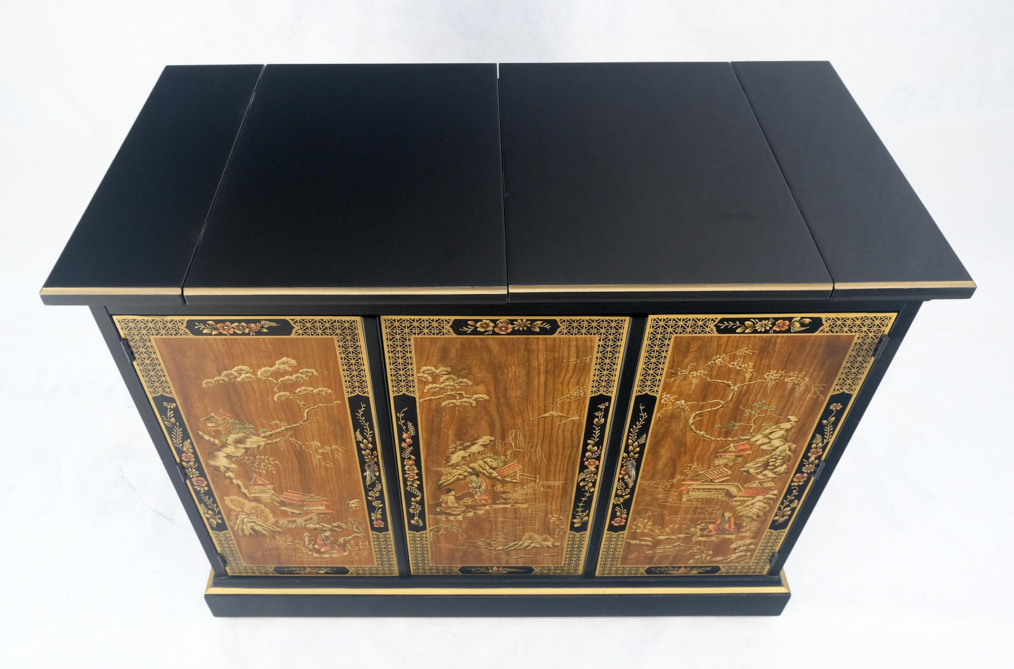EstablishedLines Drexel Flip Top Serving Sideboard Bar on Wheels Chinoiserie Style Black Lacquer