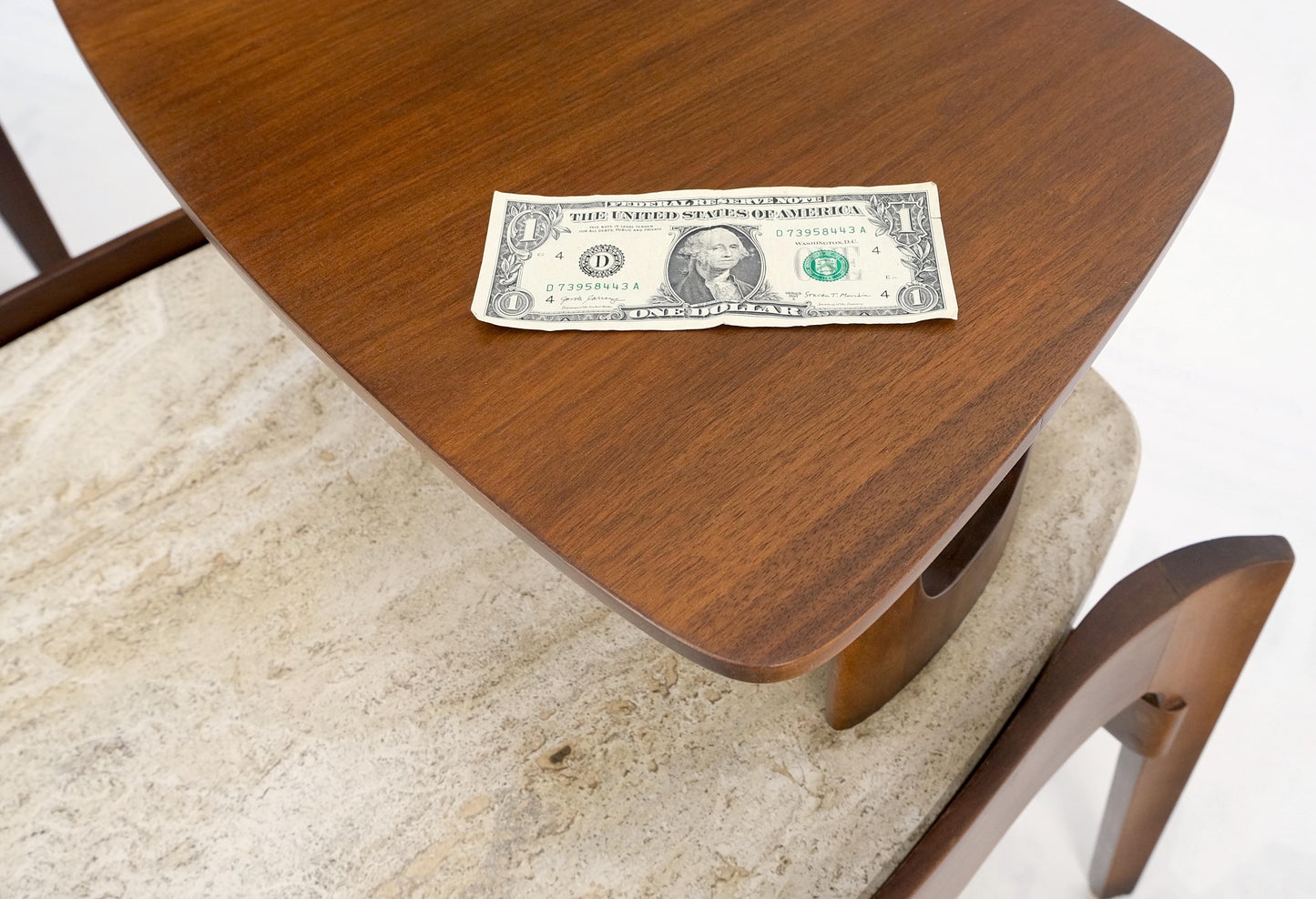 EstablishedLines Pair Sculptural 1970s Walnut Travertine Tops Step Side End Tables Singer Sons