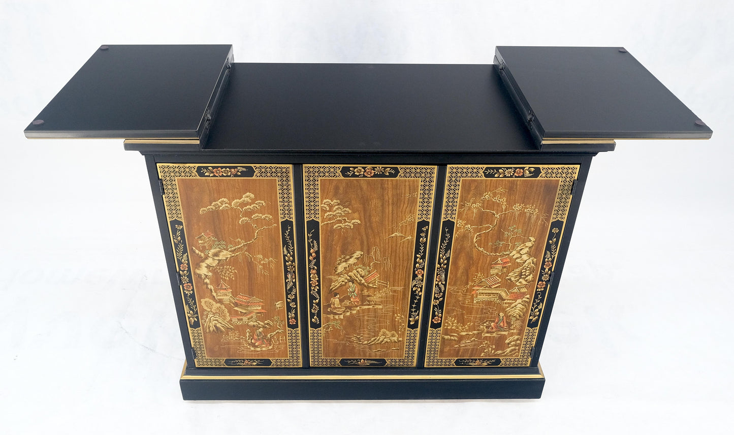 EstablishedLines Drexel Flip Top Serving Sideboard Bar on Wheels Chinoiserie Style Black Lacquer