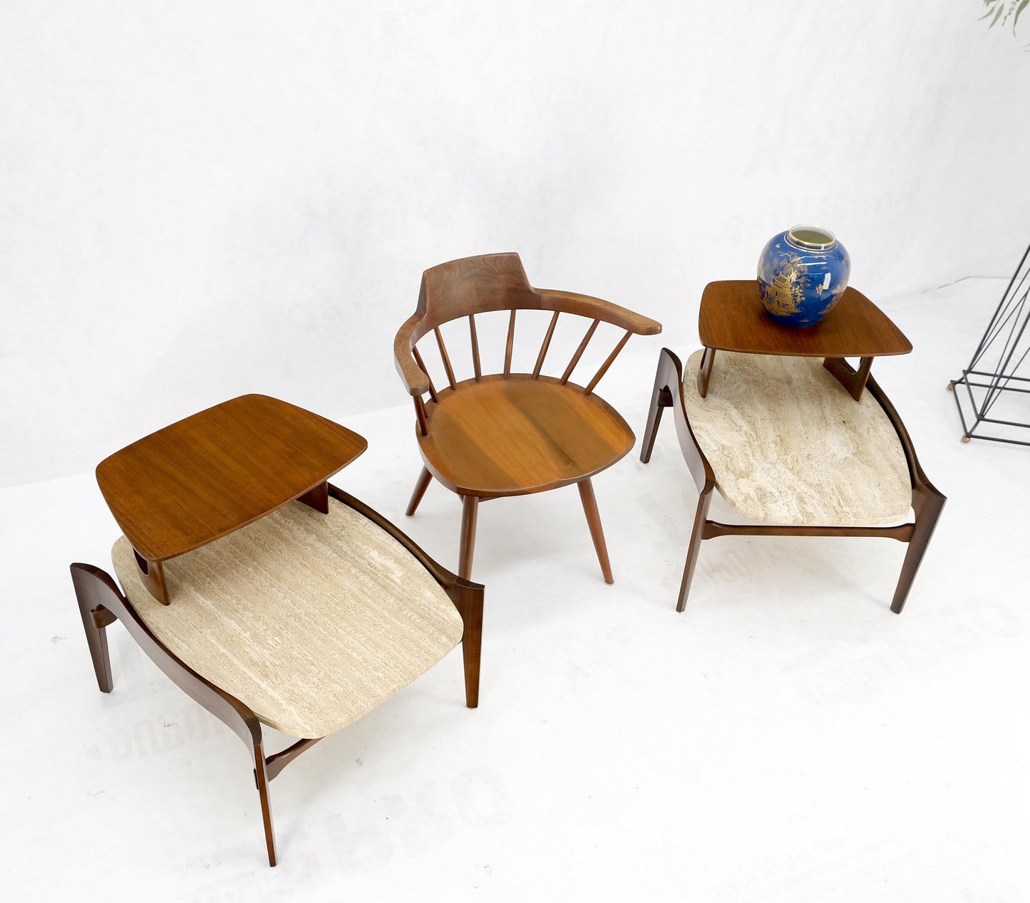 EstablishedLines Pair Sculptural 1970s Walnut Travertine Tops Step Side End Tables Singer Sons