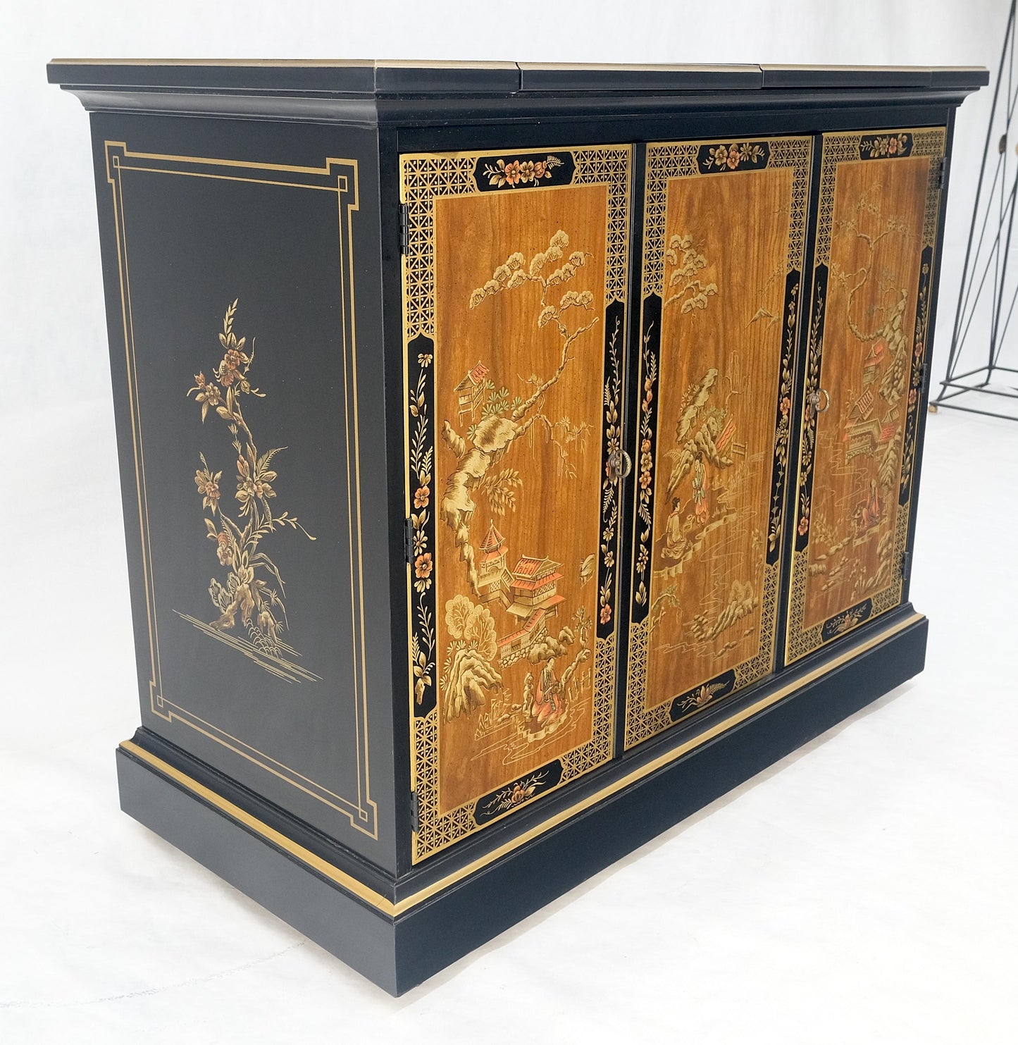 EstablishedLines Drexel Flip Top Serving Sideboard Bar on Wheels Chinoiserie Style Black Lacquer