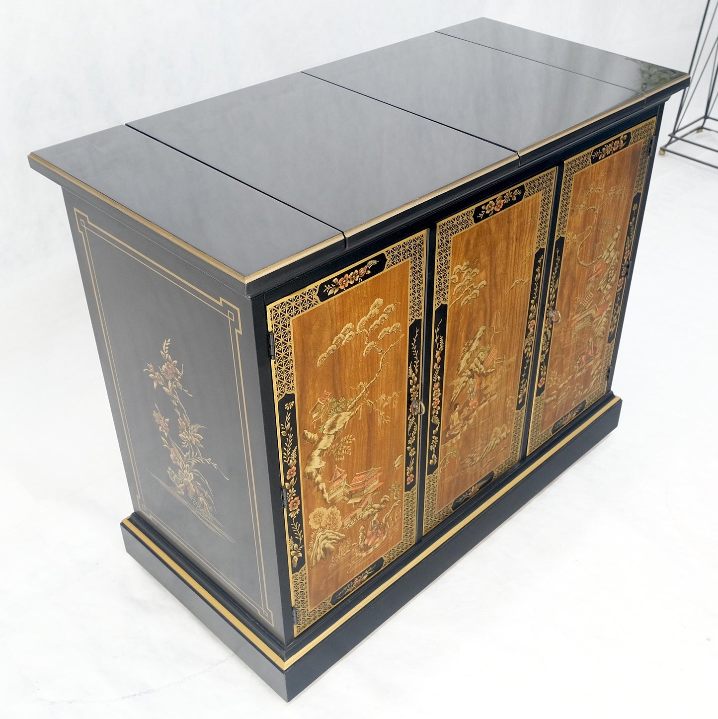 EstablishedLines Drexel Flip Top Serving Sideboard Bar on Wheels Chinoiserie Style Black Lacquer