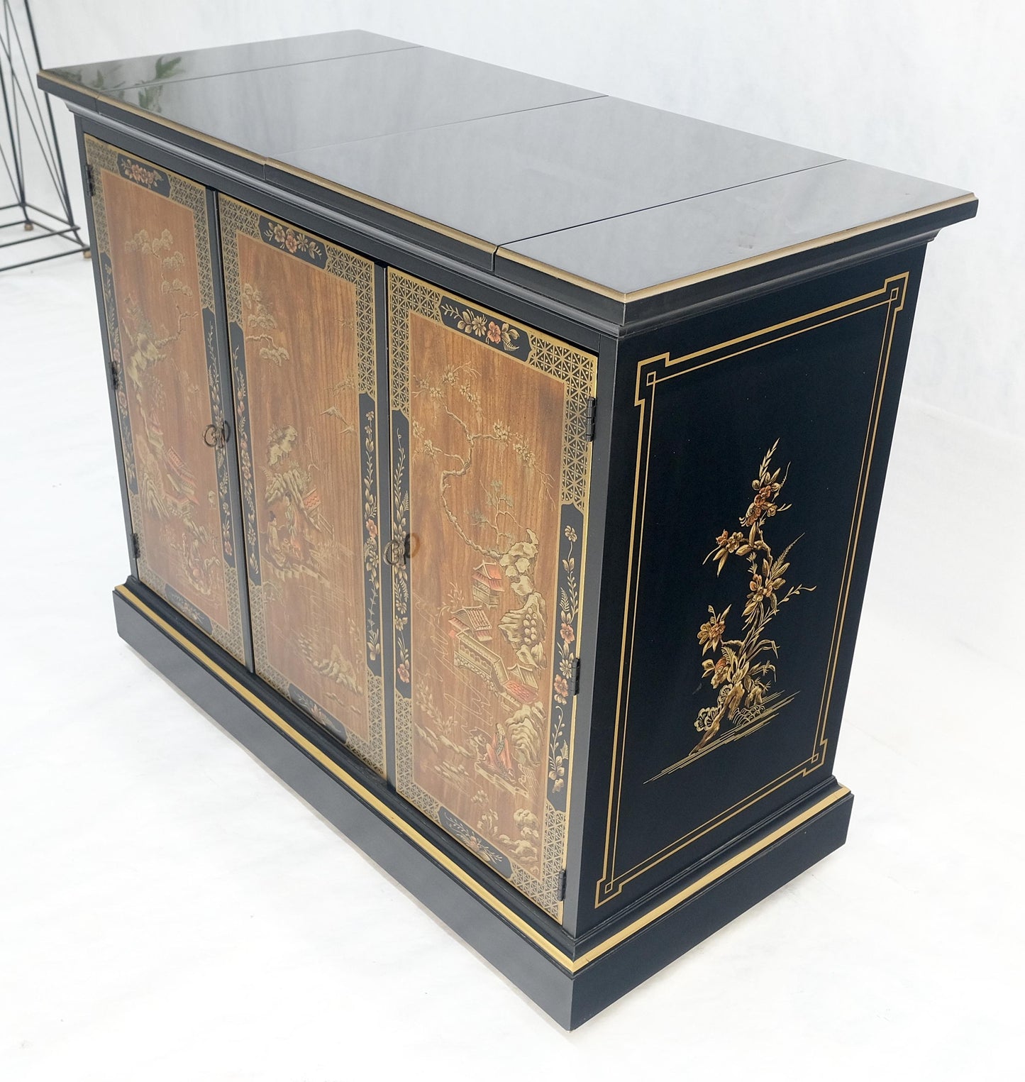 EstablishedLines Drexel Flip Top Serving Sideboard Bar on Wheels Chinoiserie Style Black Lacquer