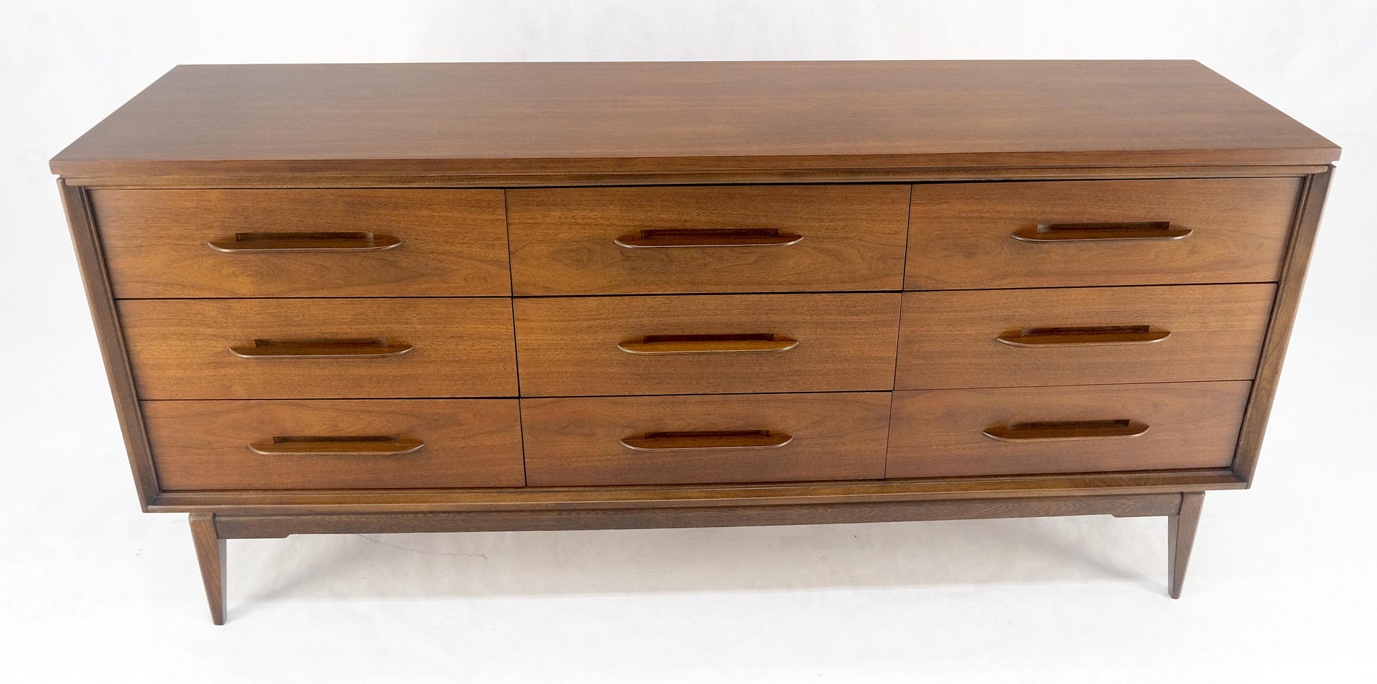 EstablishedLines American Light Oiled Walnut 9 Drawers  Sculptured Pull 66" Long Dresser Credenza