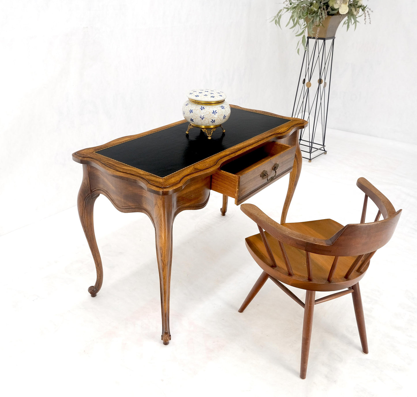 EstablishedLines Small Black Leather Top One Drawer Cabriole Carved Leg Chestnut Desk Console