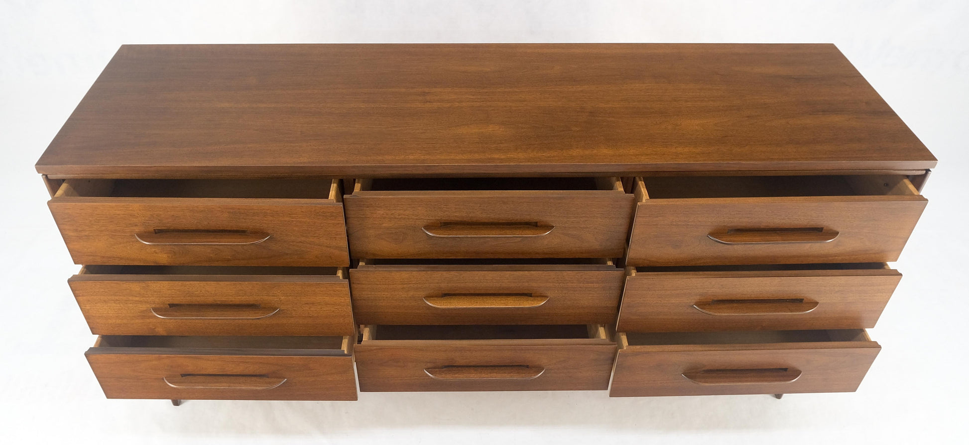 EstablishedLines American Light Oiled Walnut 9 Drawers  Sculptured Pull 66" Long Dresser Credenza