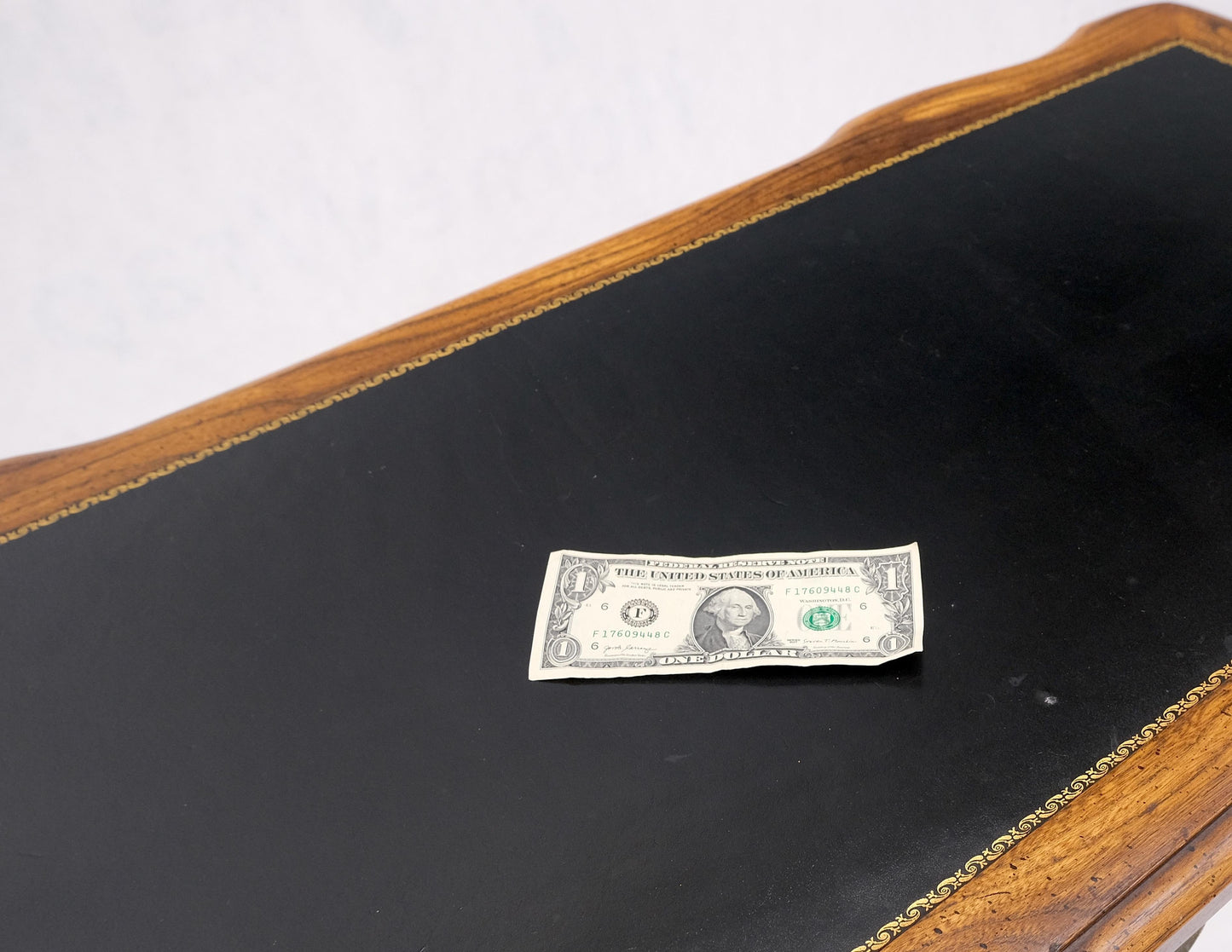 EstablishedLines Small Black Leather Top One Drawer Cabriole Carved Leg Chestnut Desk Console