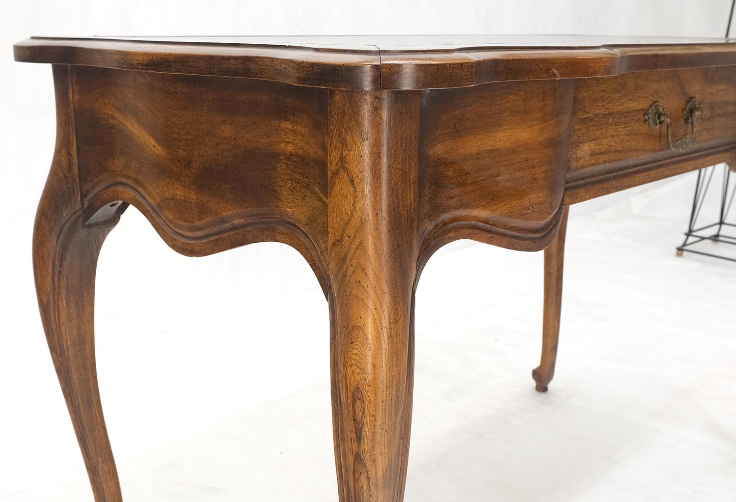 EstablishedLines Small Black Leather Top One Drawer Cabriole Carved Leg Chestnut Desk Console