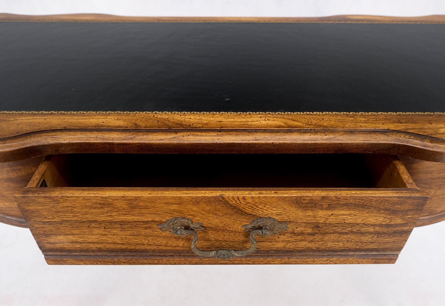 EstablishedLines Small Black Leather Top One Drawer Cabriole Carved Leg Chestnut Desk Console