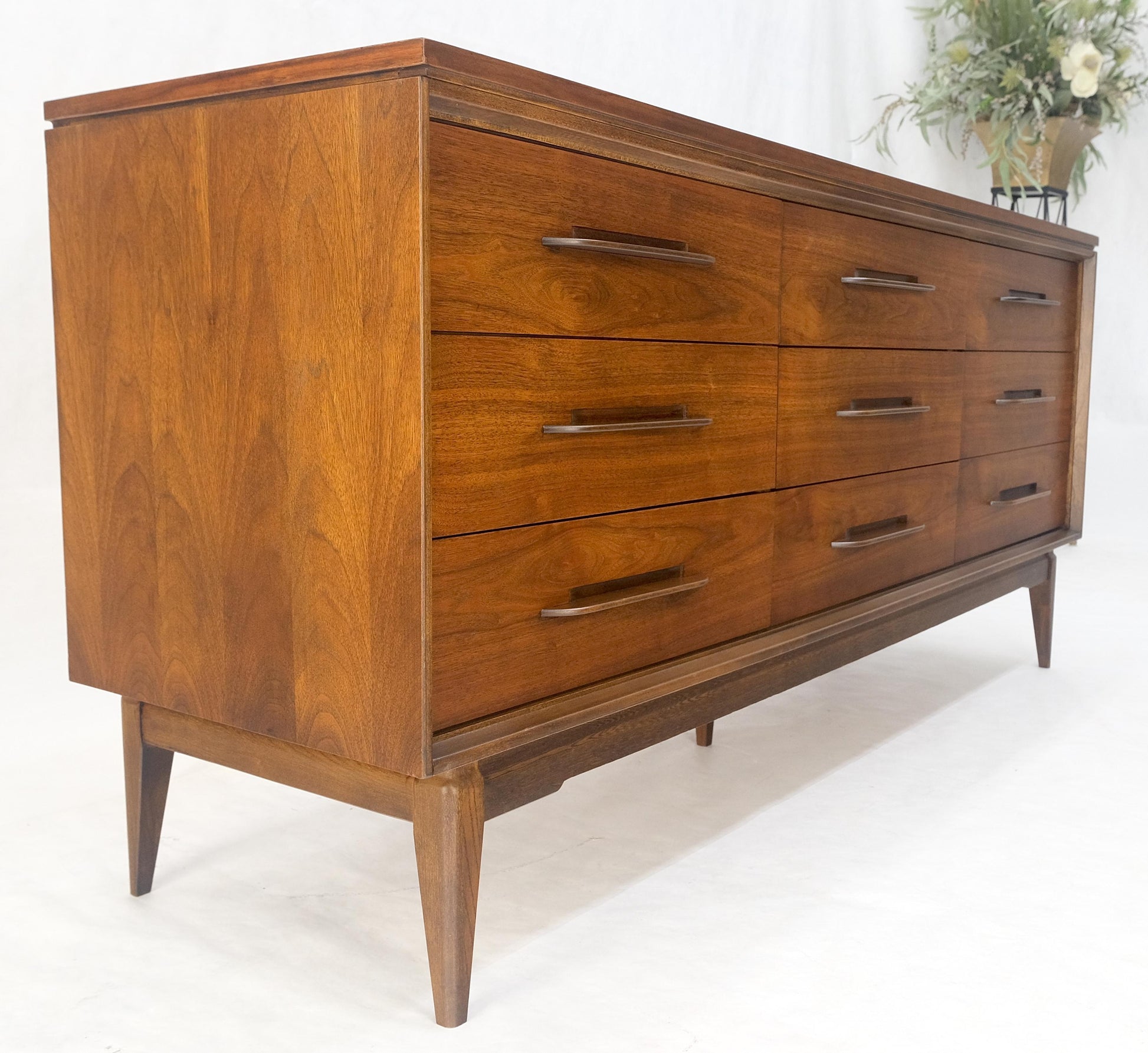 EstablishedLines American Light Oiled Walnut 9 Drawers  Sculptured Pull 66" Long Dresser Credenza
