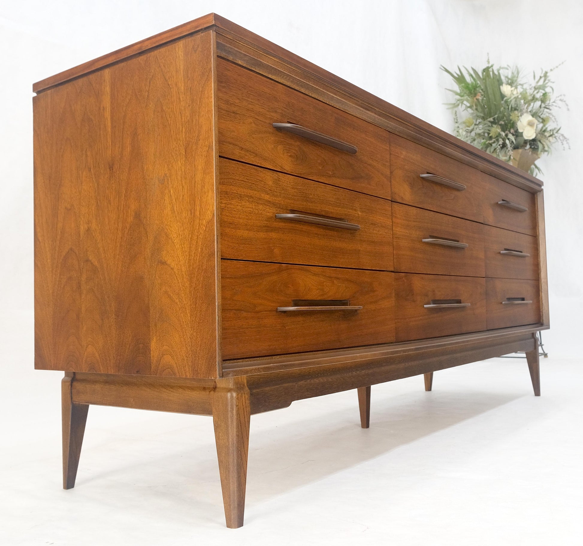 EstablishedLines American Light Oiled Walnut 9 Drawers  Sculptured Pull 66" Long Dresser Credenza