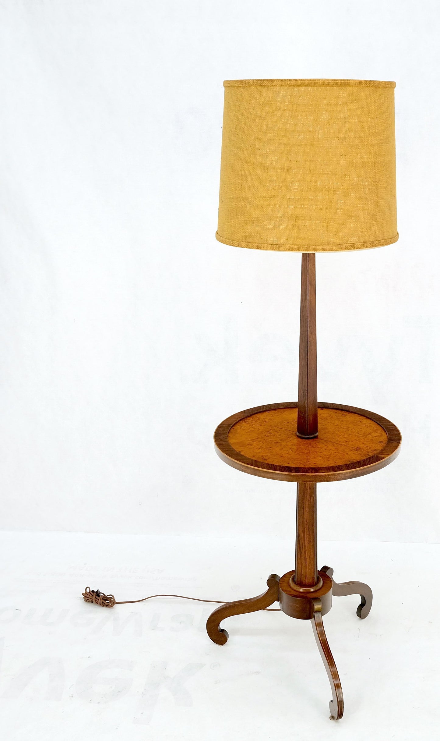 EstablishedLines Rosewood & Burl Wood Tripod Base Side Table Regency Style Floor Lamp Mint