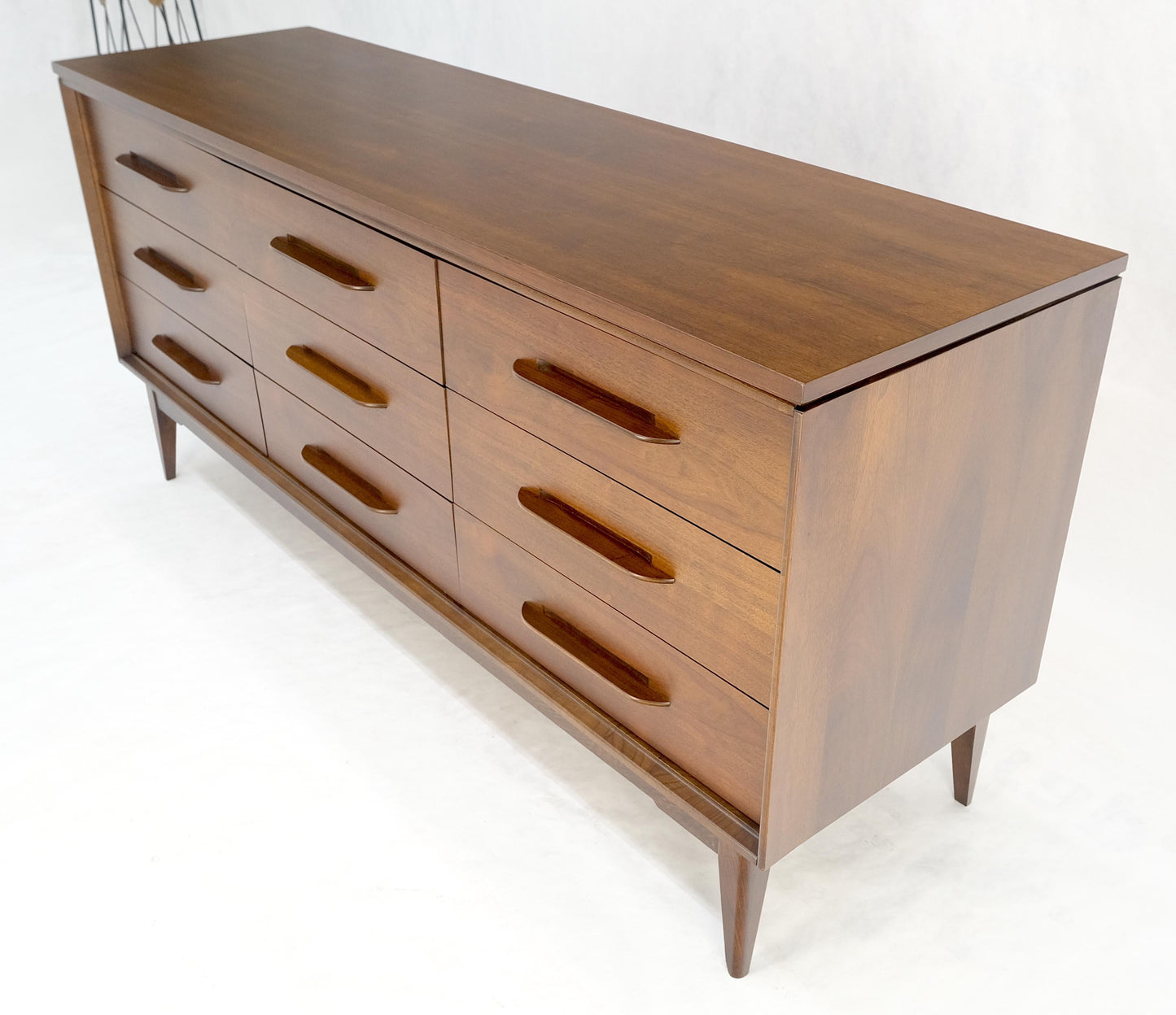 EstablishedLines American Light Oiled Walnut 9 Drawers  Sculptured Pull 66" Long Dresser Credenza