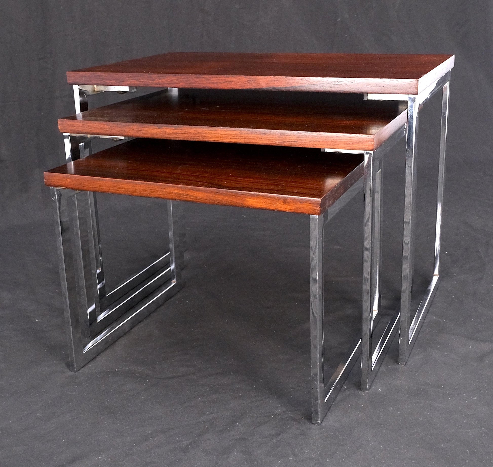 EstablishedLines Rosewood Tops Chrome Base Mid Century Modern Set of 3 Nesting Side End Tables