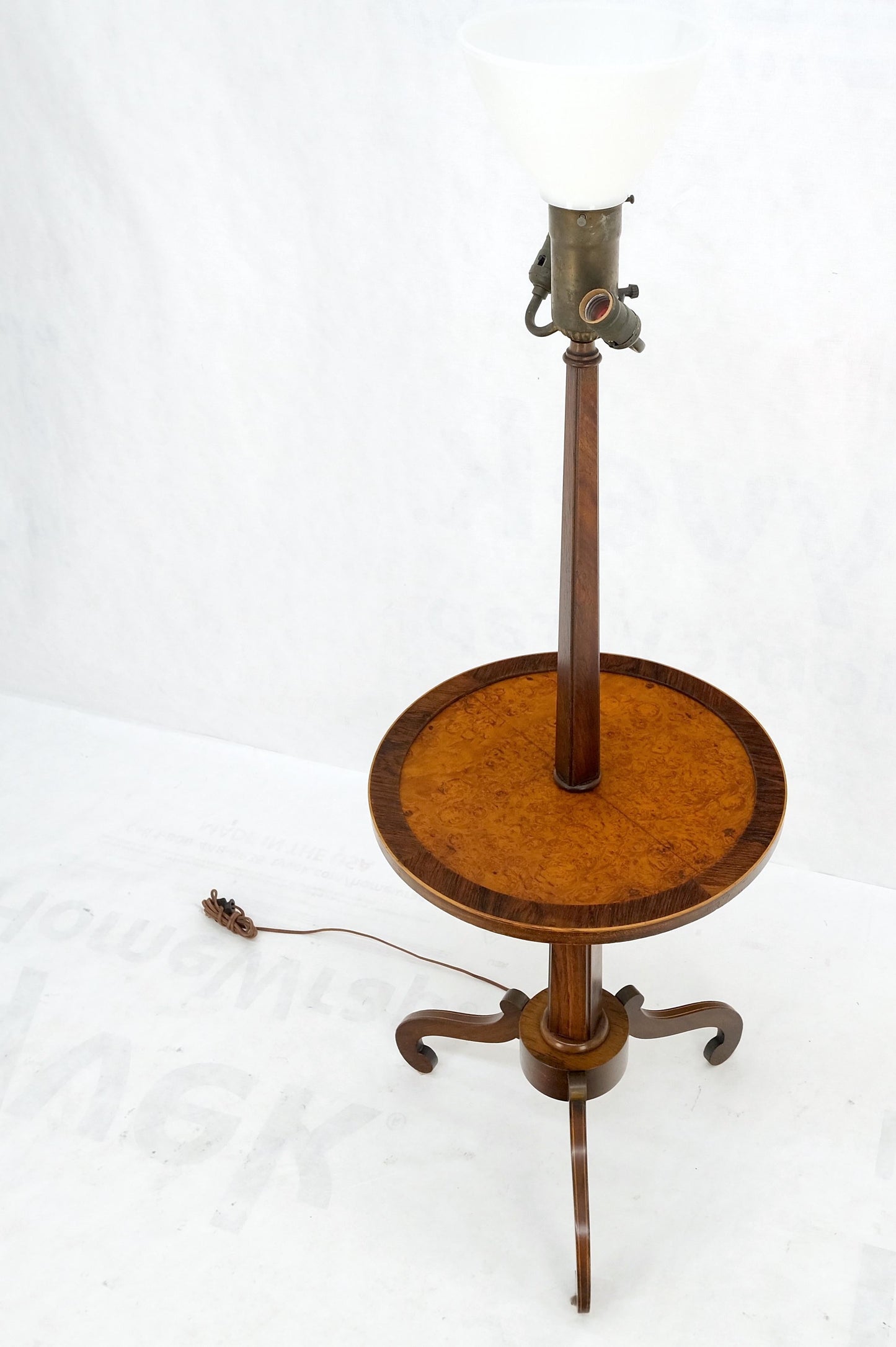 EstablishedLines Rosewood & Burl Wood Tripod Base Side Table Regency Style Floor Lamp Mint