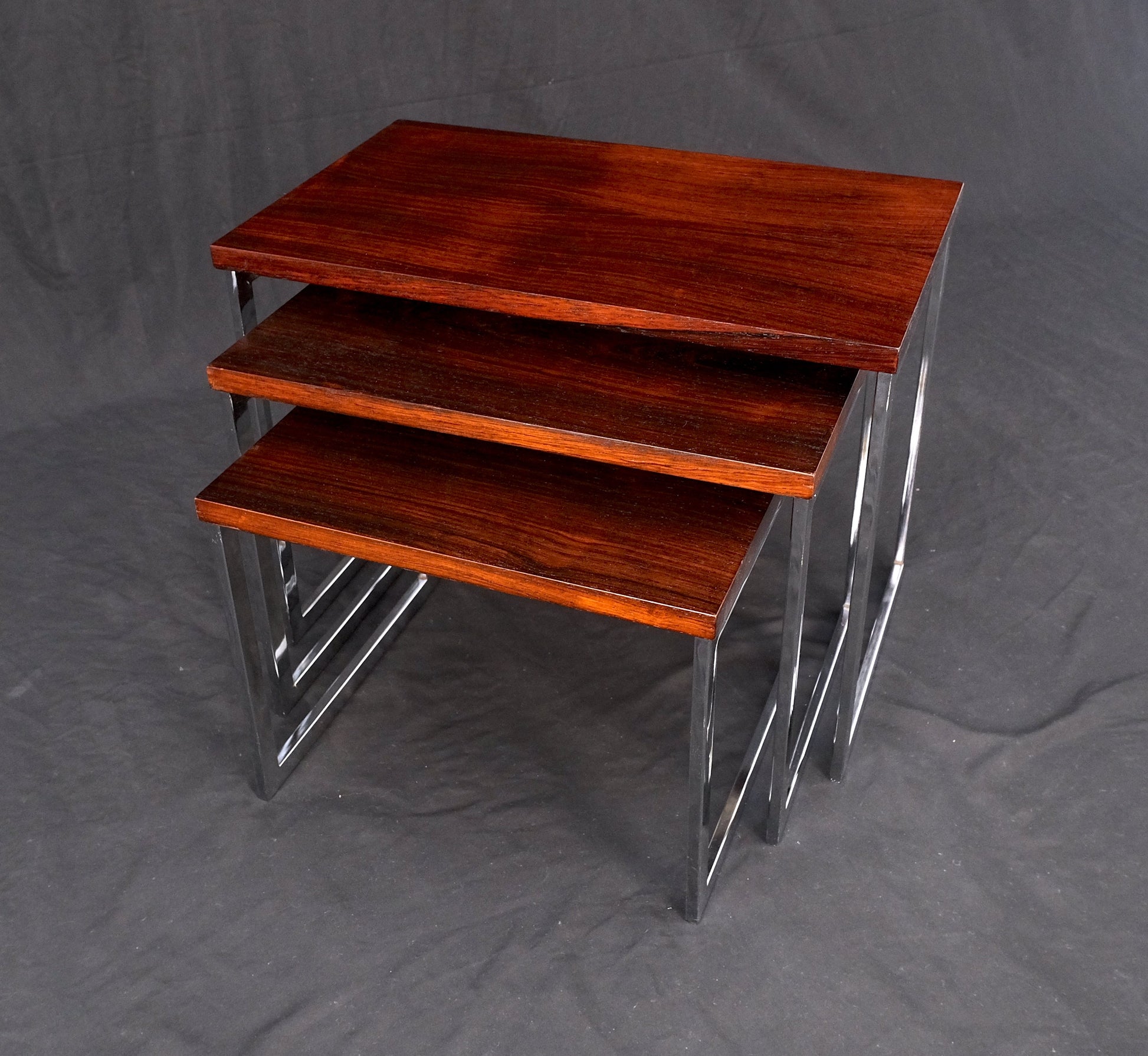 EstablishedLines Rosewood Tops Chrome Base Mid Century Modern Set of 3 Nesting Side End Tables