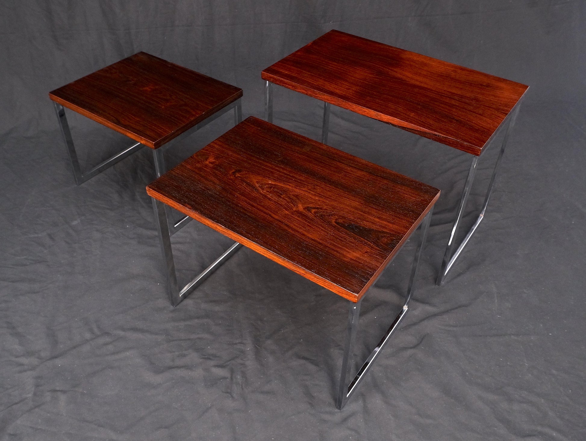 EstablishedLines Rosewood Tops Chrome Base Mid Century Modern Set of 3 Nesting Side End Tables