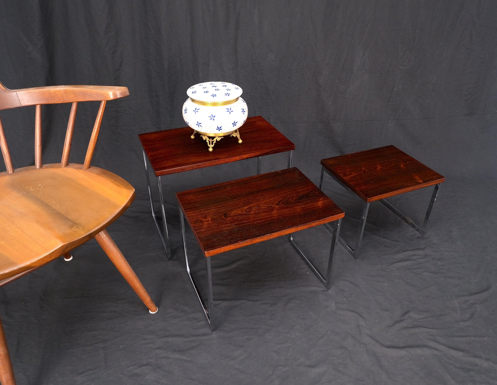 EstablishedLines Rosewood Tops Chrome Base Mid Century Modern Set of 3 Nesting Side End Tables