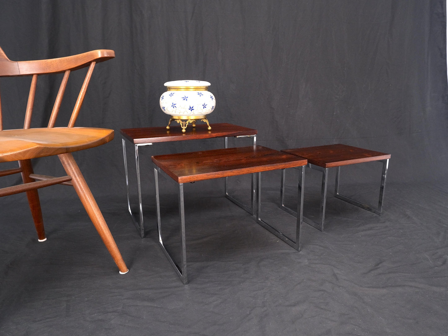 EstablishedLines Rosewood Tops Chrome Base Mid Century Modern Set of 3 Nesting Side End Tables