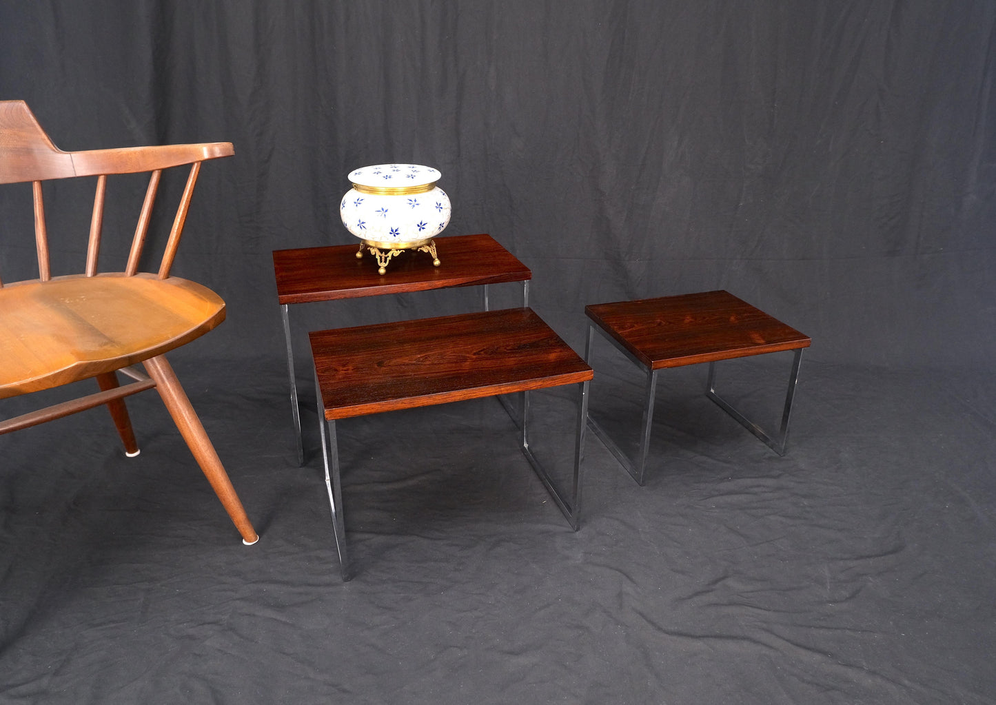 EstablishedLines Rosewood Tops Chrome Base Mid Century Modern Set of 3 Nesting Side End Tables