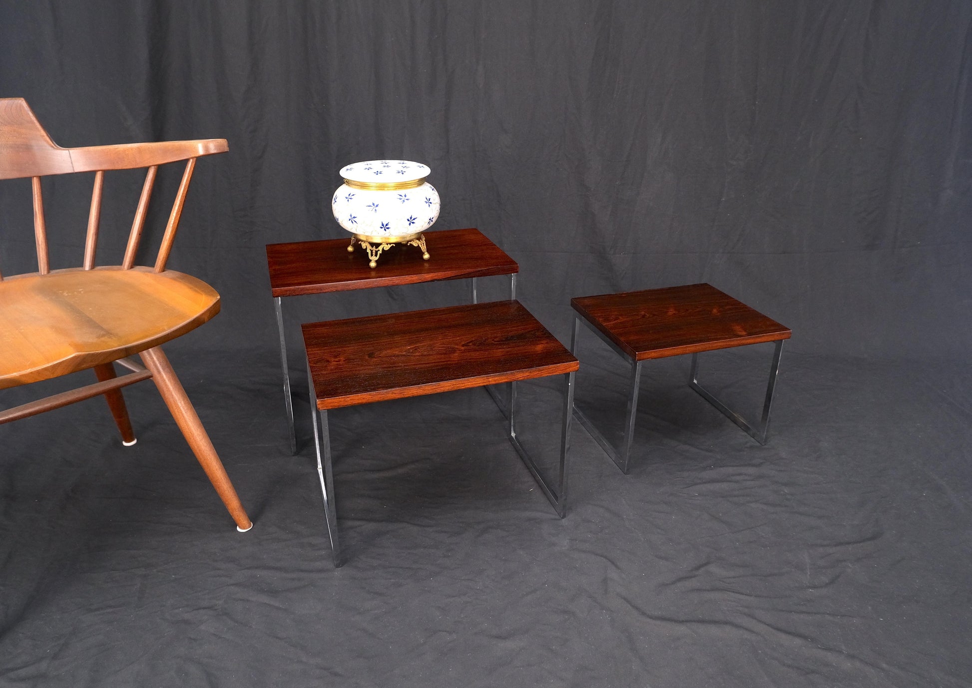 EstablishedLines Rosewood Tops Chrome Base Mid Century Modern Set of 3 Nesting Side End Tables