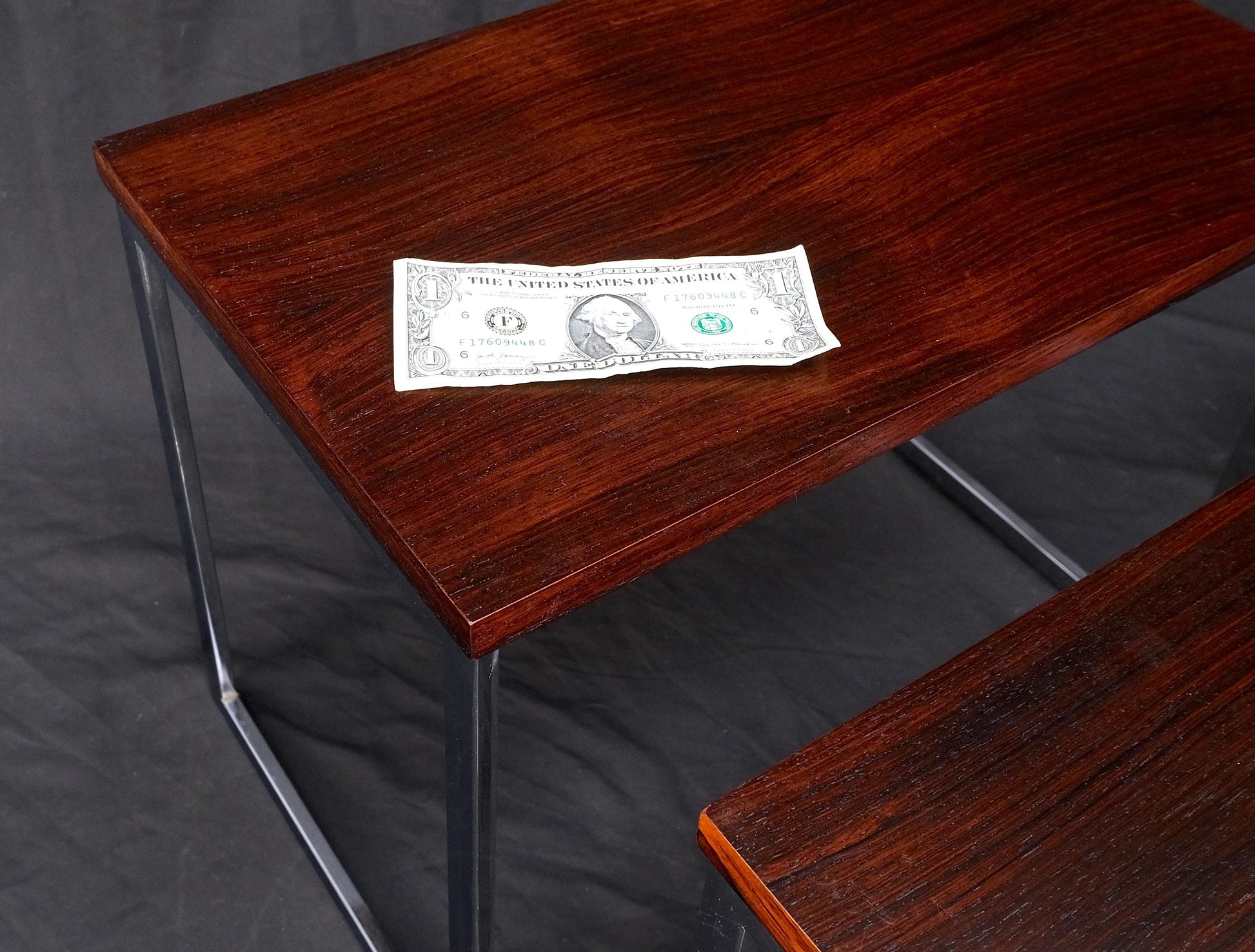 EstablishedLines Rosewood Tops Chrome Base Mid Century Modern Set of 3 Nesting Side End Tables
