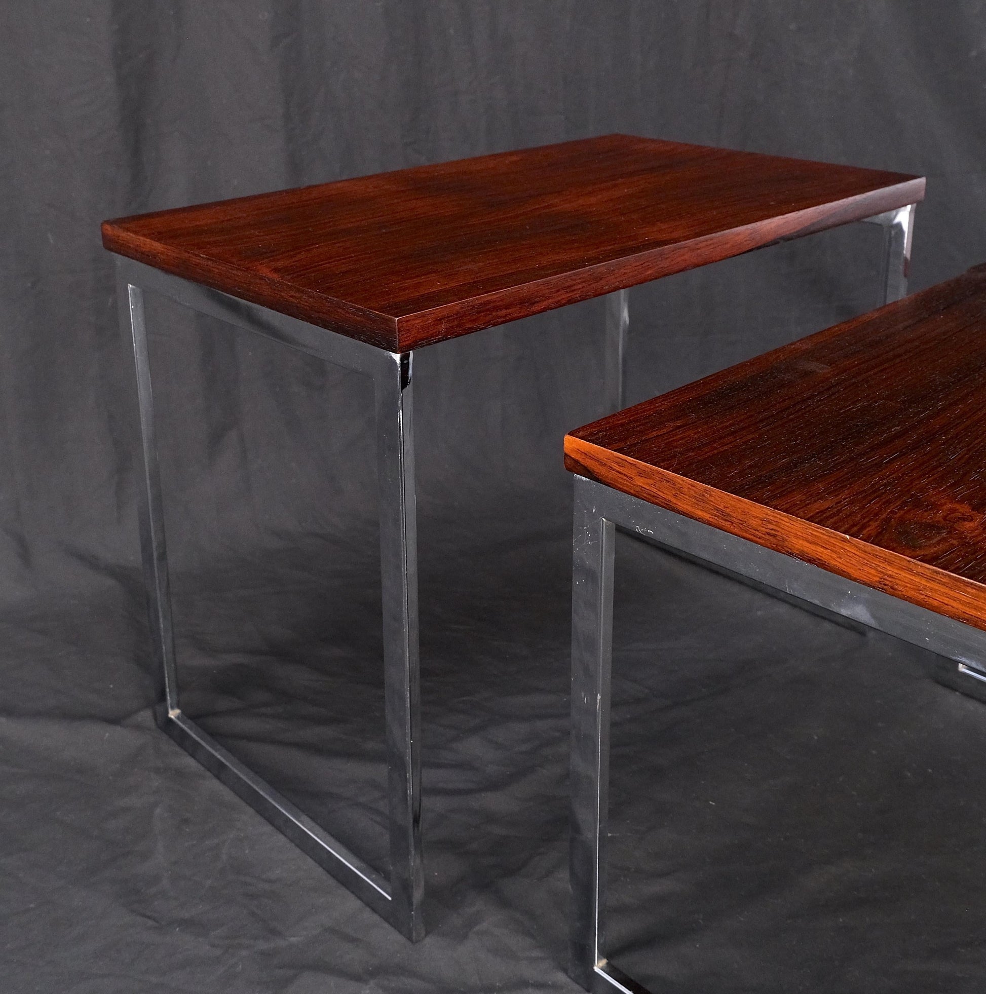EstablishedLines Rosewood Tops Chrome Base Mid Century Modern Set of 3 Nesting Side End Tables