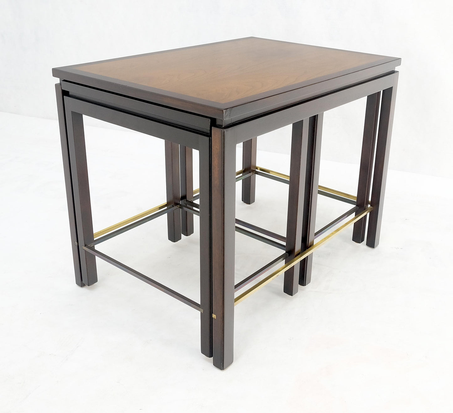 EstablishedLines Dunbar 1970s Ebonised Walnut Brass Stretcher Set of 3 Nesting Side End Tables