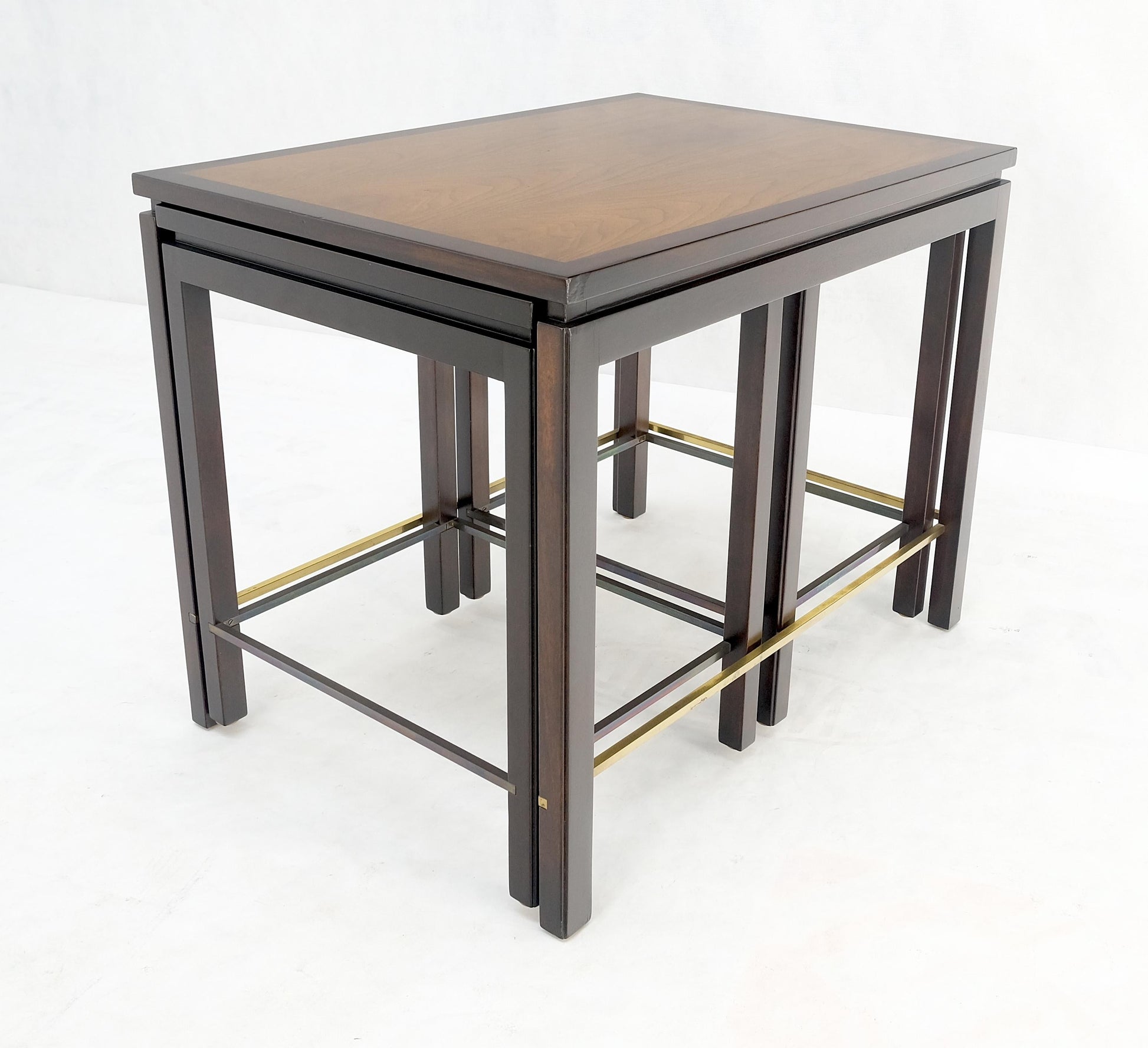 EstablishedLines Dunbar 1970s Ebonised Walnut Brass Stretcher Set of 3 Nesting Side End Tables