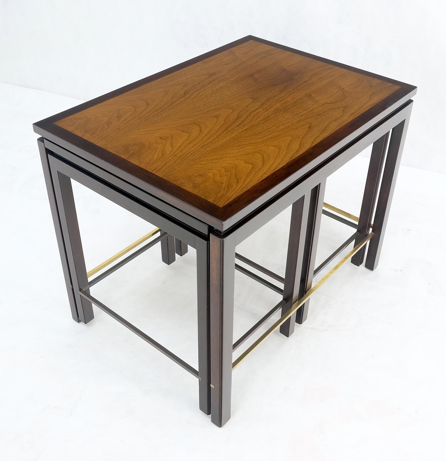 EstablishedLines Dunbar 1970s Ebonised Walnut Brass Stretcher Set of 3 Nesting Side End Tables