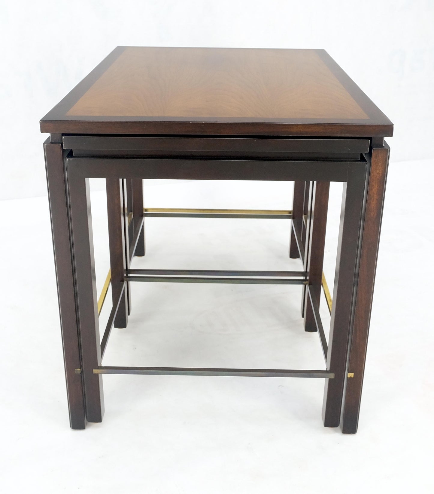 EstablishedLines Dunbar 1970s Ebonised Walnut Brass Stretcher Set of 3 Nesting Side End Tables