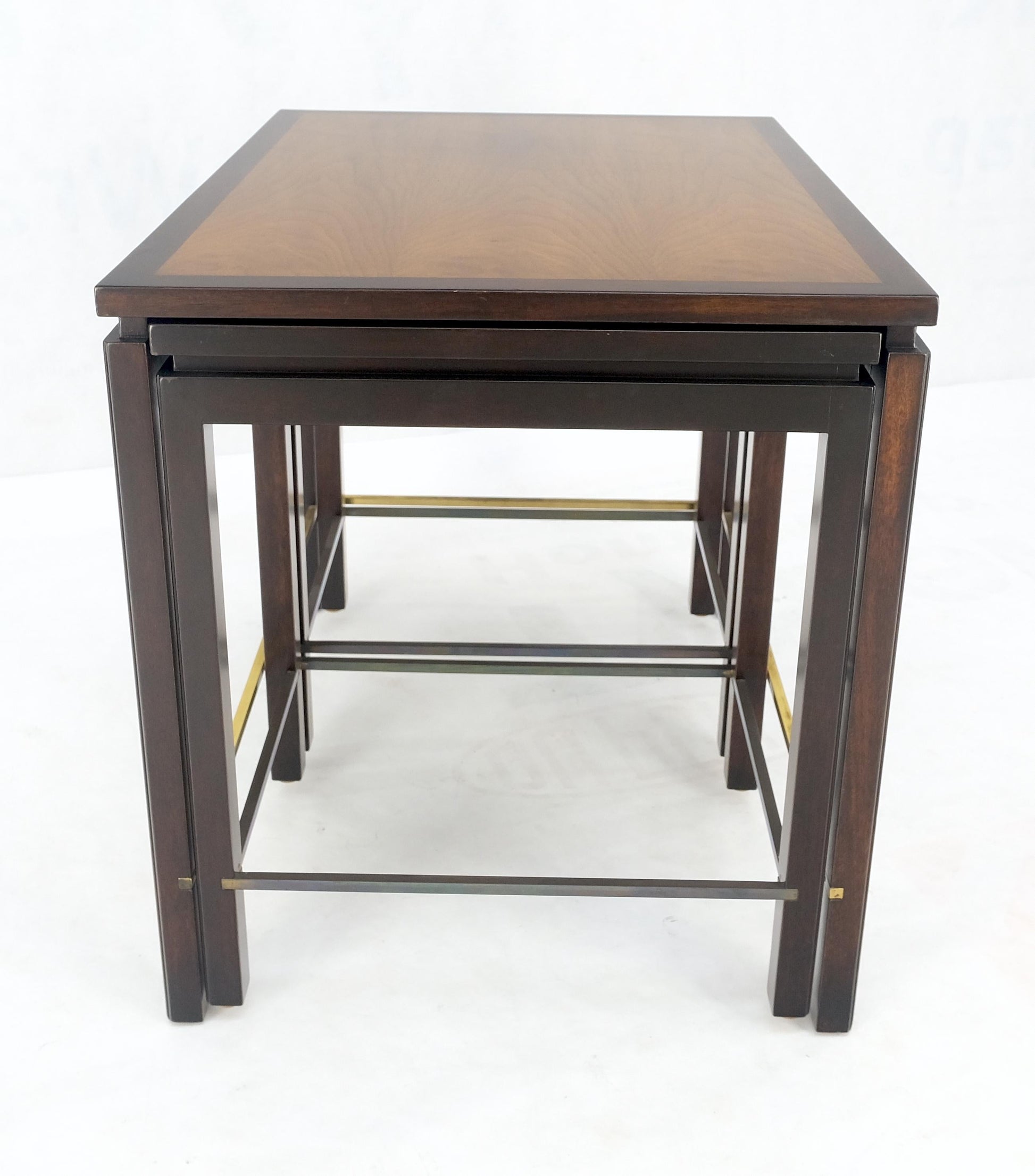 EstablishedLines Dunbar 1970s Ebonised Walnut Brass Stretcher Set of 3 Nesting Side End Tables