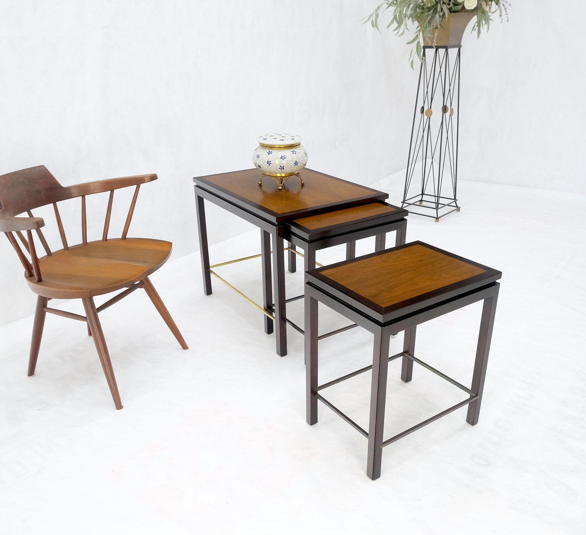EstablishedLines Dunbar 1970s Ebonised Walnut Brass Stretcher Set of 3 Nesting Side End Tables