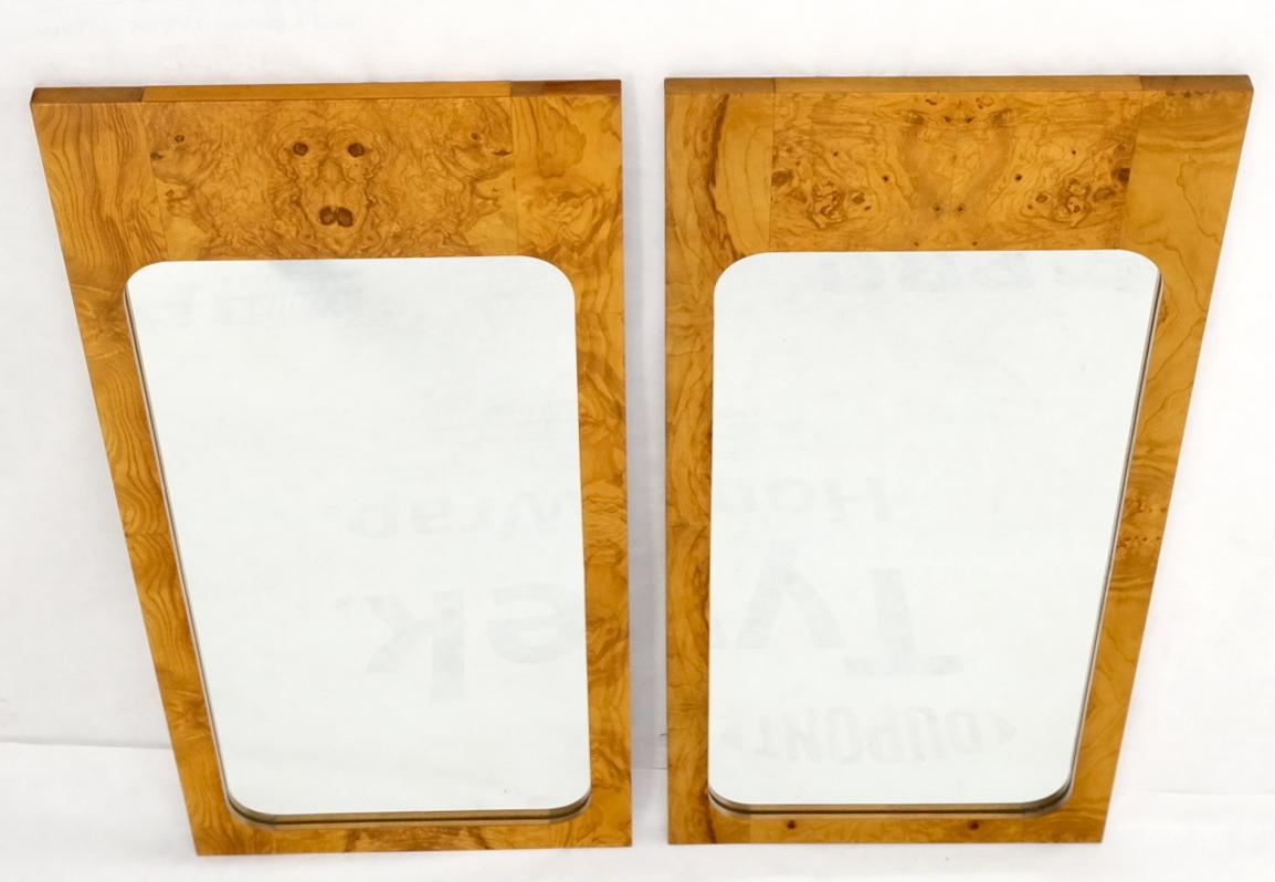 EstablishedLines Style of Milo Baughman Burl Wood Bookmatched Mid-Century Modern Wall Mirror Pair