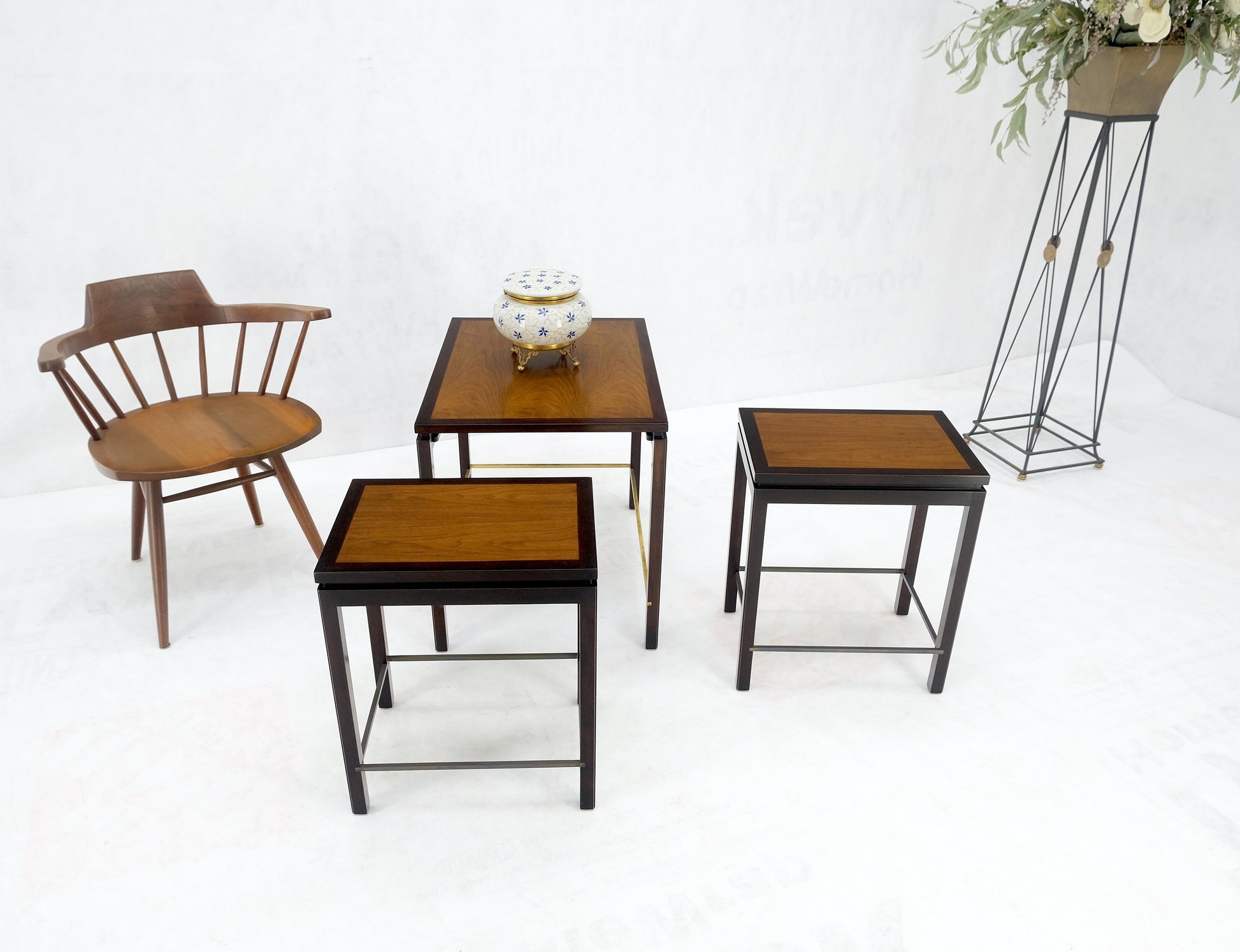 EstablishedLines Dunbar 1970s Ebonised Walnut Brass Stretcher Set of 3 Nesting Side End Tables