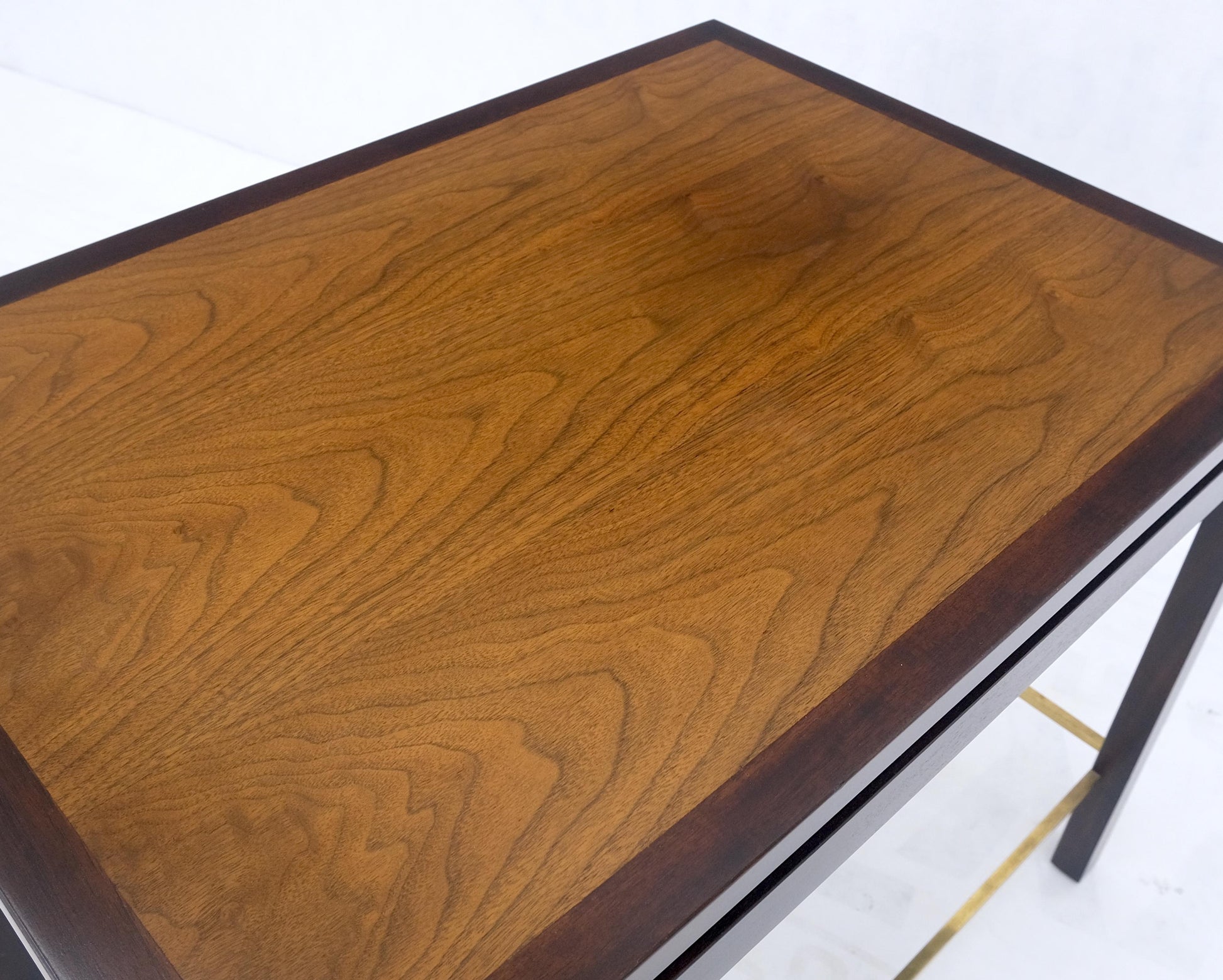 EstablishedLines Dunbar 1970s Ebonised Walnut Brass Stretcher Set of 3 Nesting Side End Tables
