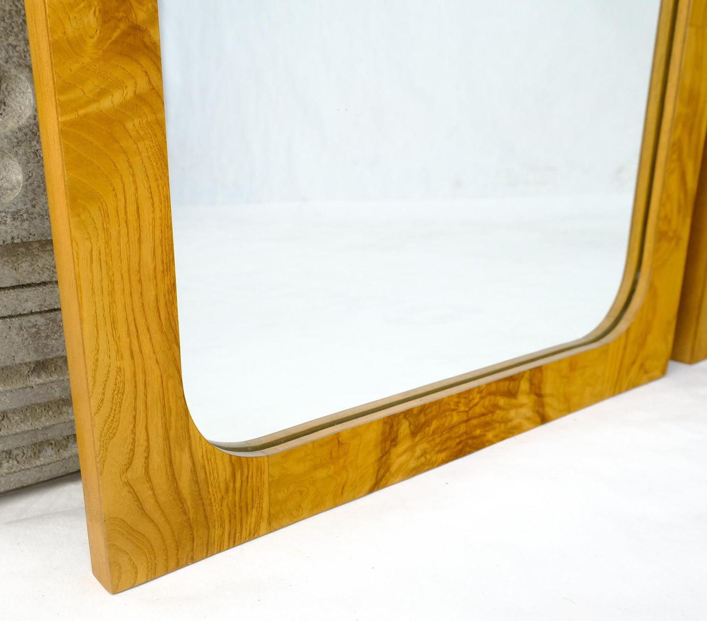 EstablishedLines Style of Milo Baughman Burl Wood Bookmatched Mid-Century Modern Wall Mirror Pair