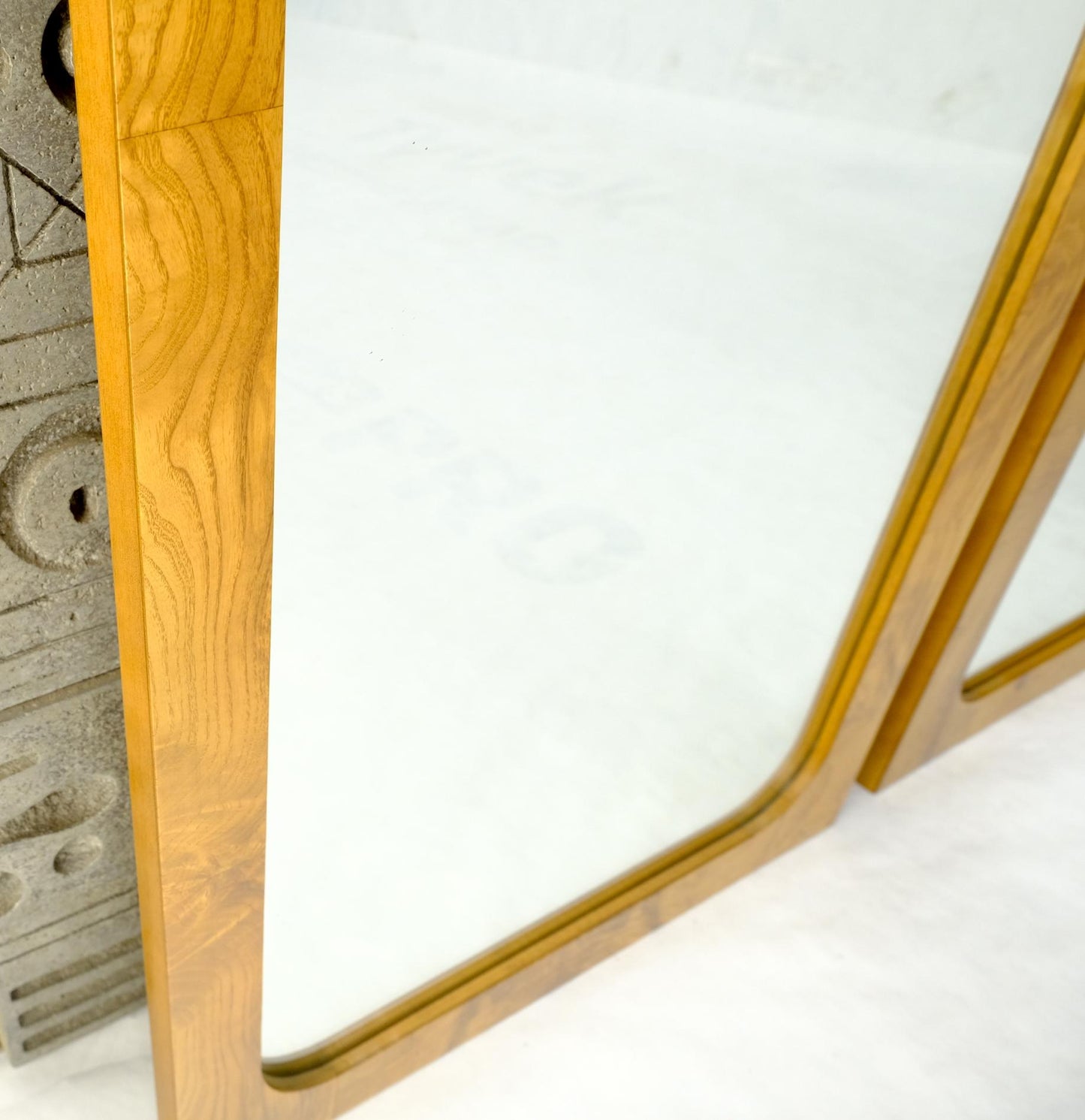 EstablishedLines Style of Milo Baughman Burl Wood Bookmatched Mid-Century Modern Wall Mirror Pair