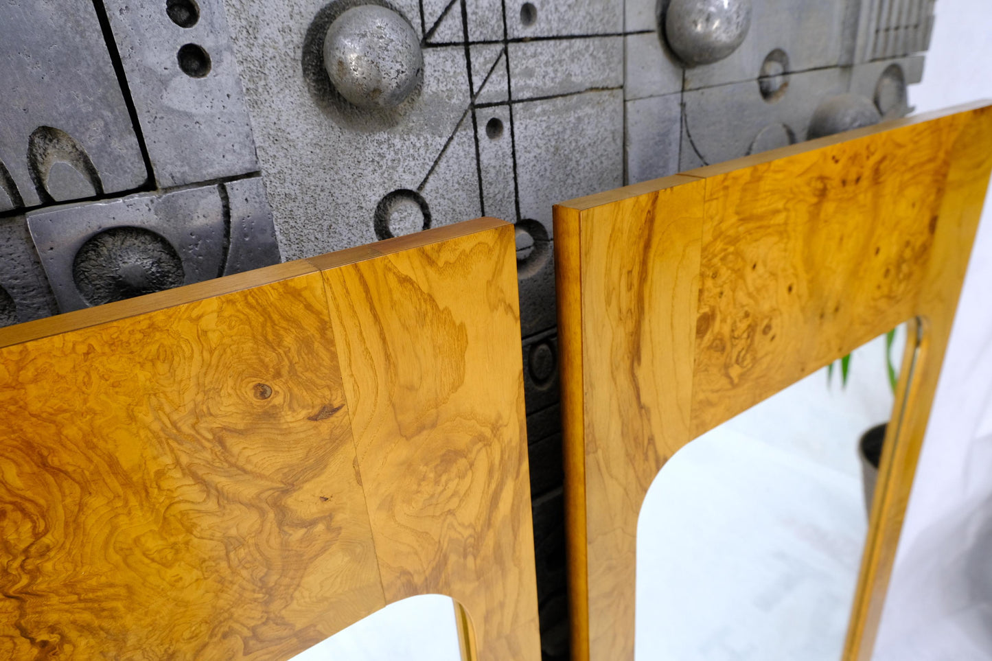 EstablishedLines Style of Milo Baughman Burl Wood Bookmatched Mid-Century Modern Wall Mirror Pair