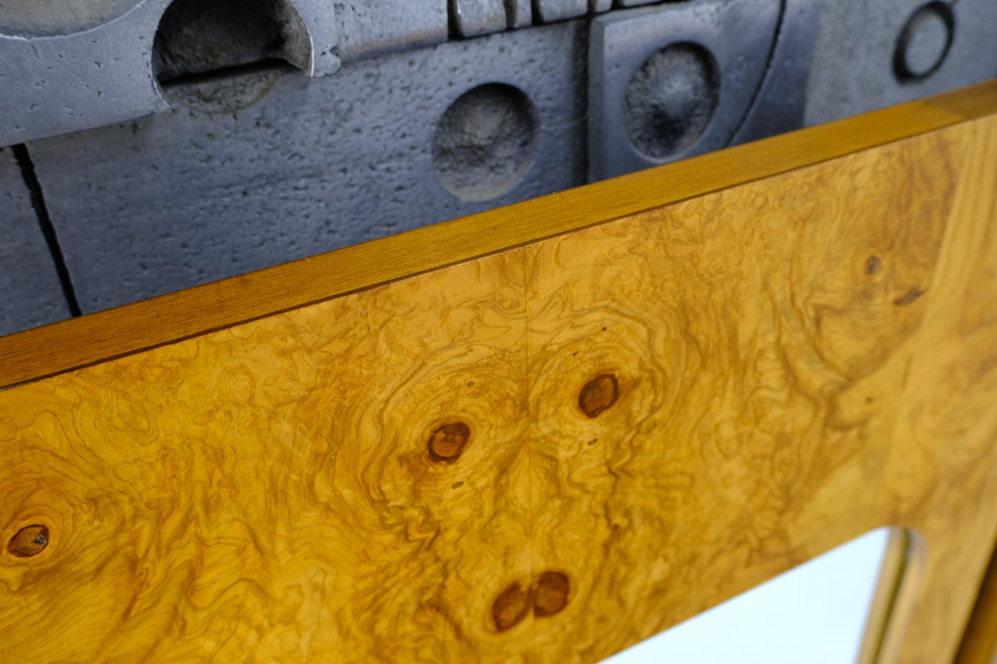 EstablishedLines Style of Milo Baughman Burl Wood Bookmatched Mid-Century Modern Wall Mirror Pair