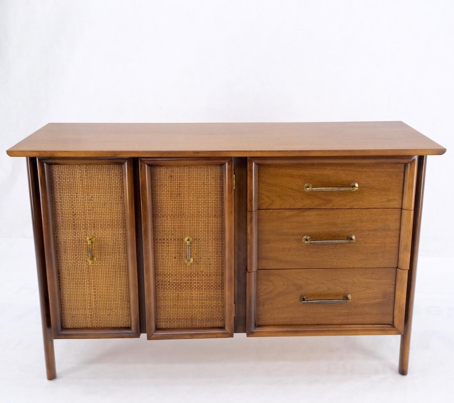 EstablishedLines Exposed Sculptural Legs Walnut Three Drawers Two Doors Credenza Server Sideboard