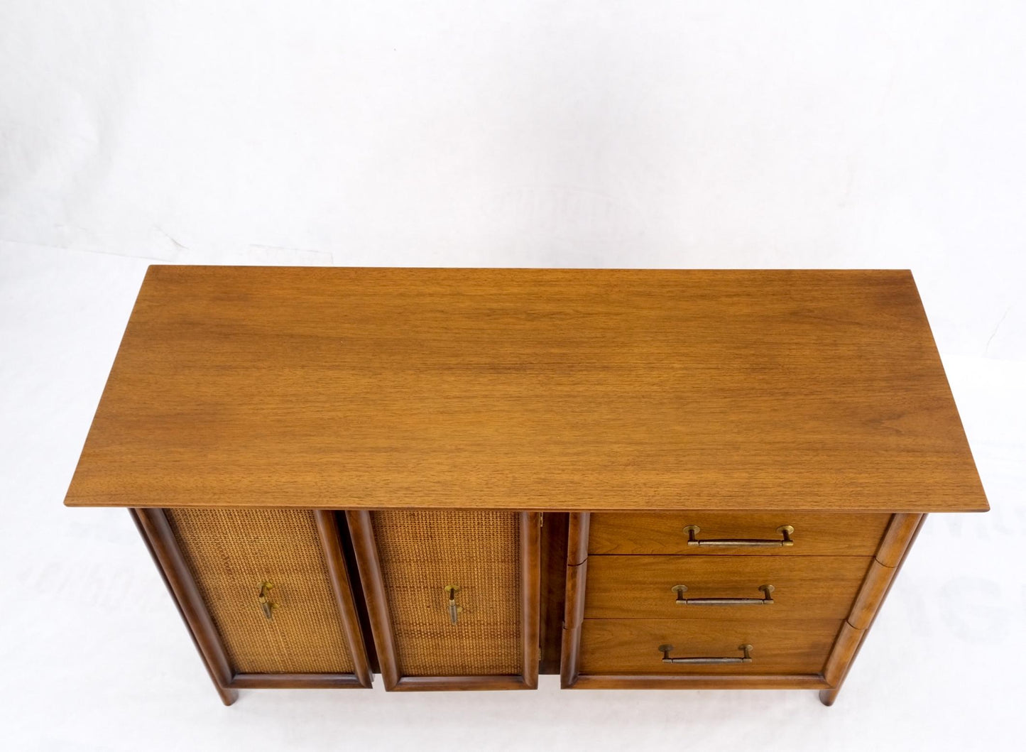 EstablishedLines Exposed Sculptural Legs Walnut Three Drawers Two Doors Credenza Server Sideboard