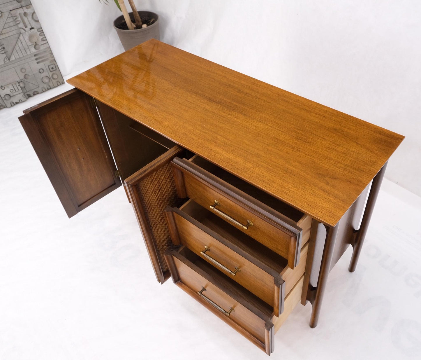 EstablishedLines Exposed Sculptural Legs Walnut Three Drawers Two Doors Credenza Server Sideboard