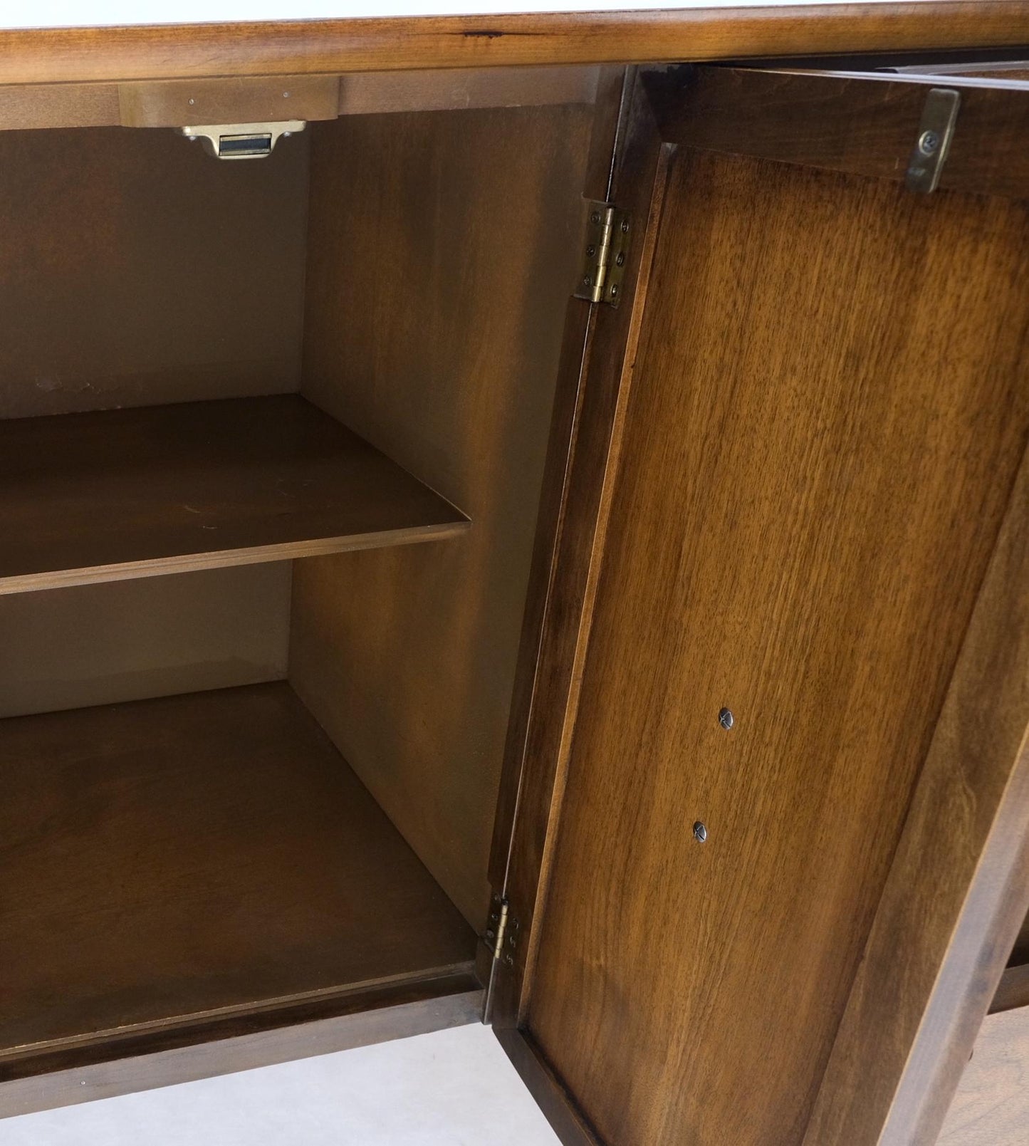 EstablishedLines Exposed Sculptural Legs Walnut Three Drawers Two Doors Credenza Server Sideboard