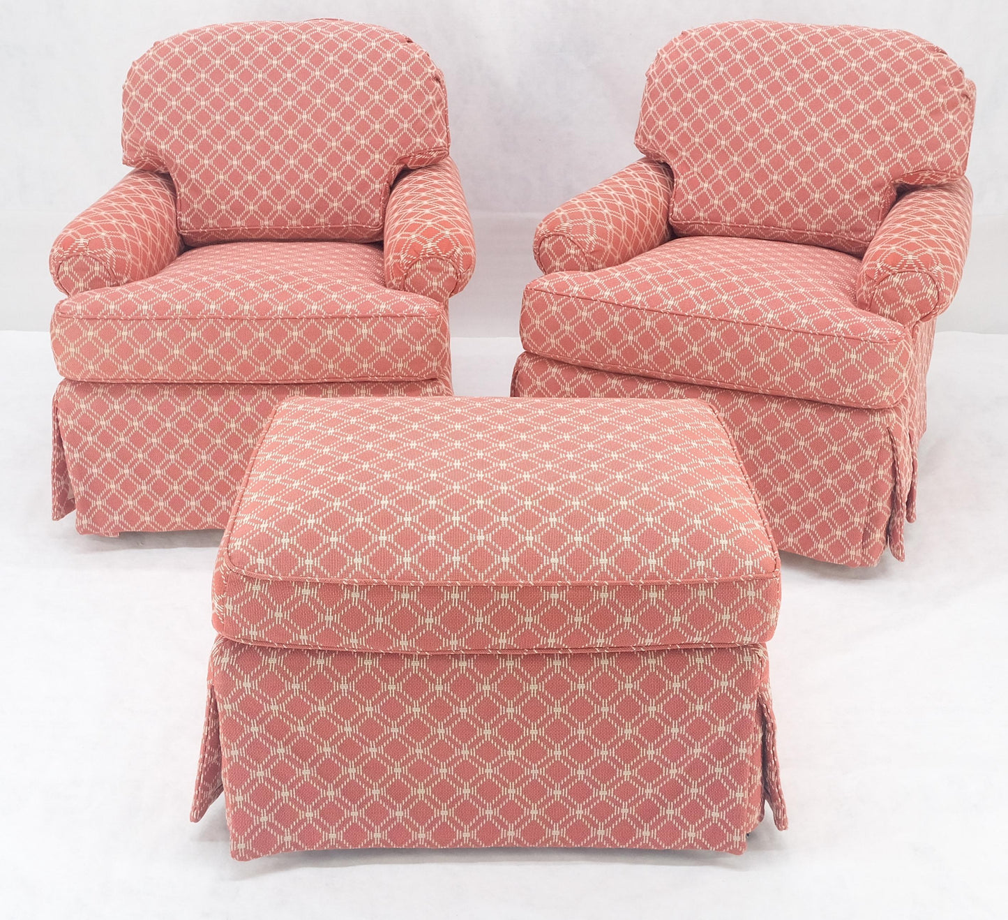 EstablishedLines Pair of Large Red & White Upholstery Club Lounge Chairs & Matching Ottoman MINT
