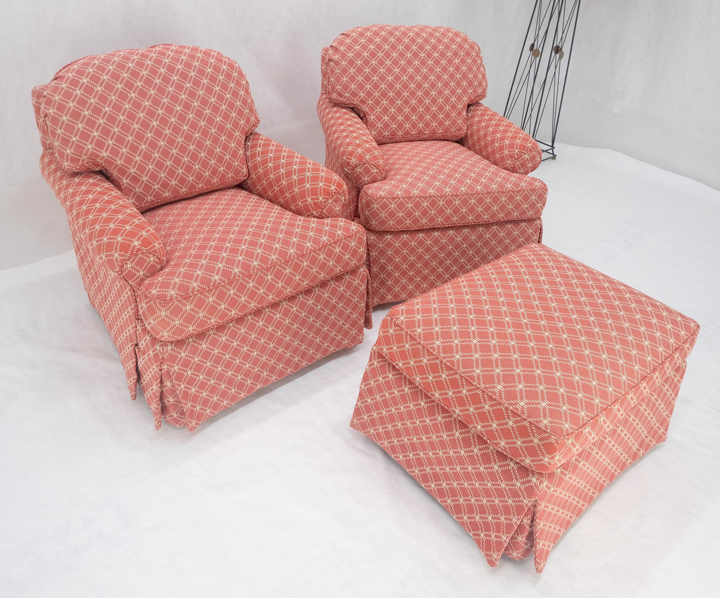 EstablishedLines Pair of Large Red & White Upholstery Club Lounge Chairs & Matching Ottoman MINT