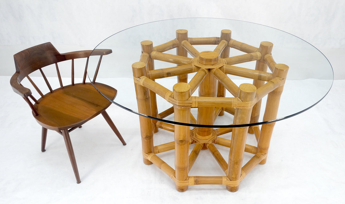 EstablishedLines Large 54" Diameter Glass Top Thick Bamboo Base Dining Table Decorative MINT